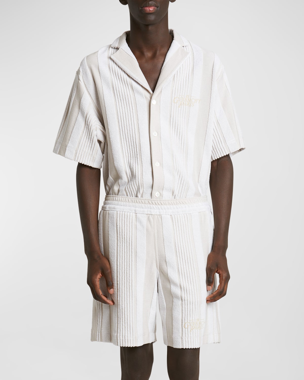 Shop Givenchy Men's Vertical Stripe Cotton Toweling Shorts In White/beige