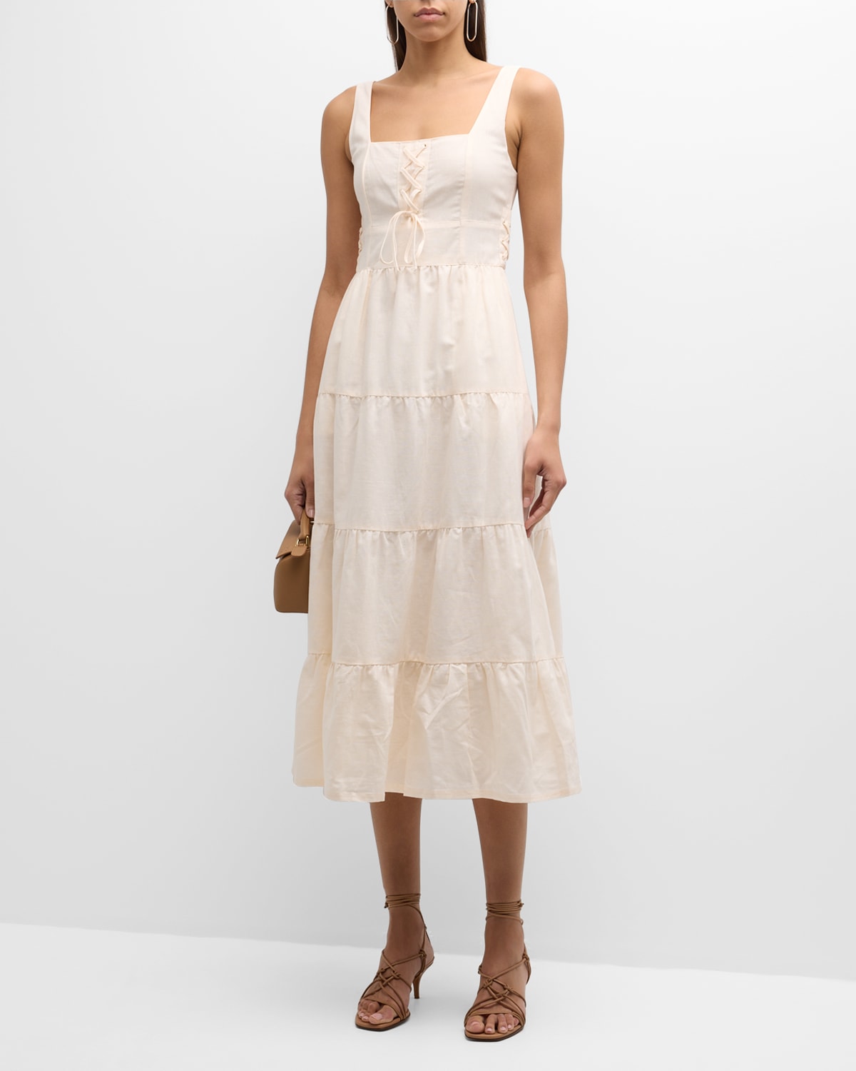 Paige Ophella Lace-up Tiered Midi Dress In Neutral