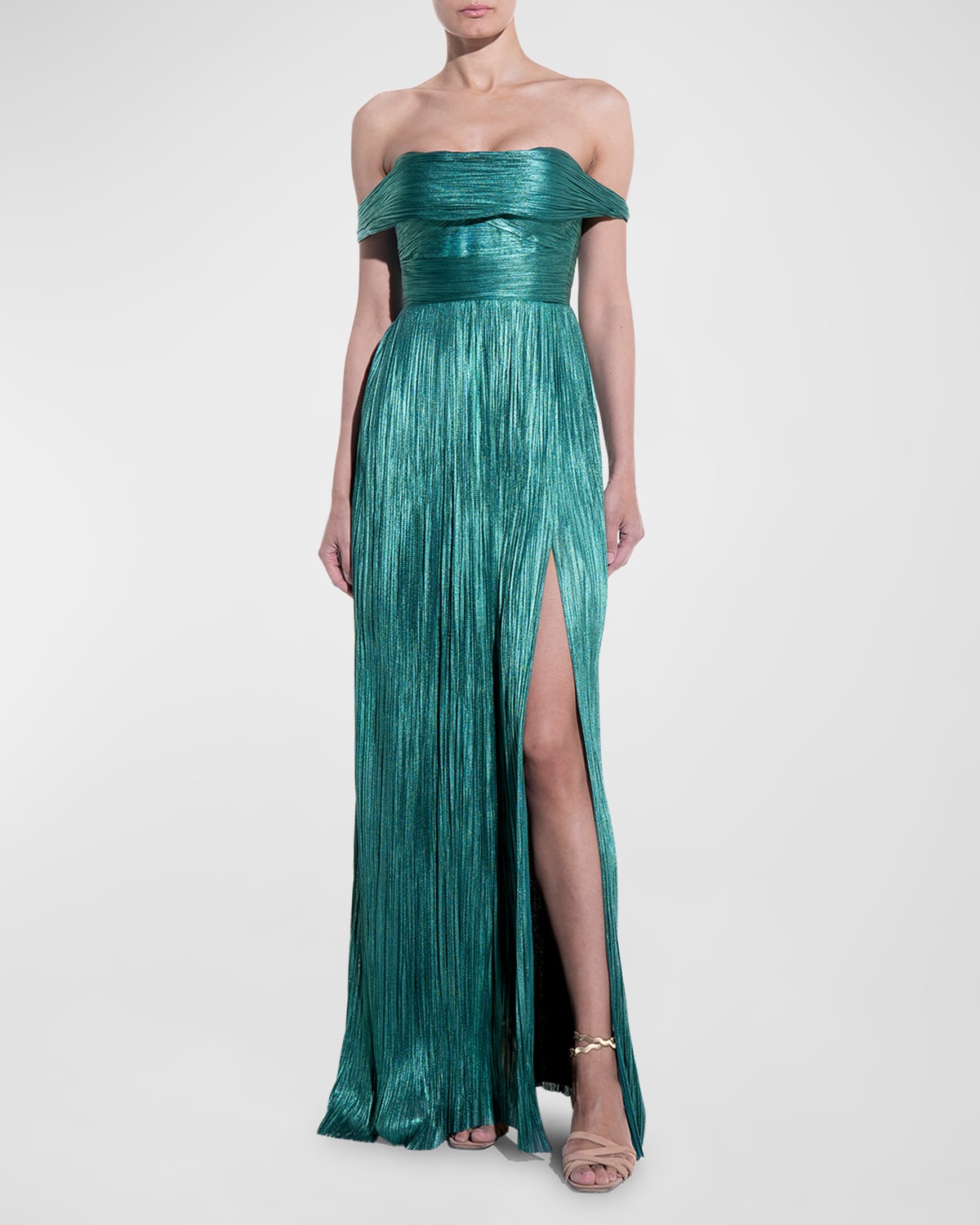 Carla Off-The-Shoulder Metallic Plisse Gown