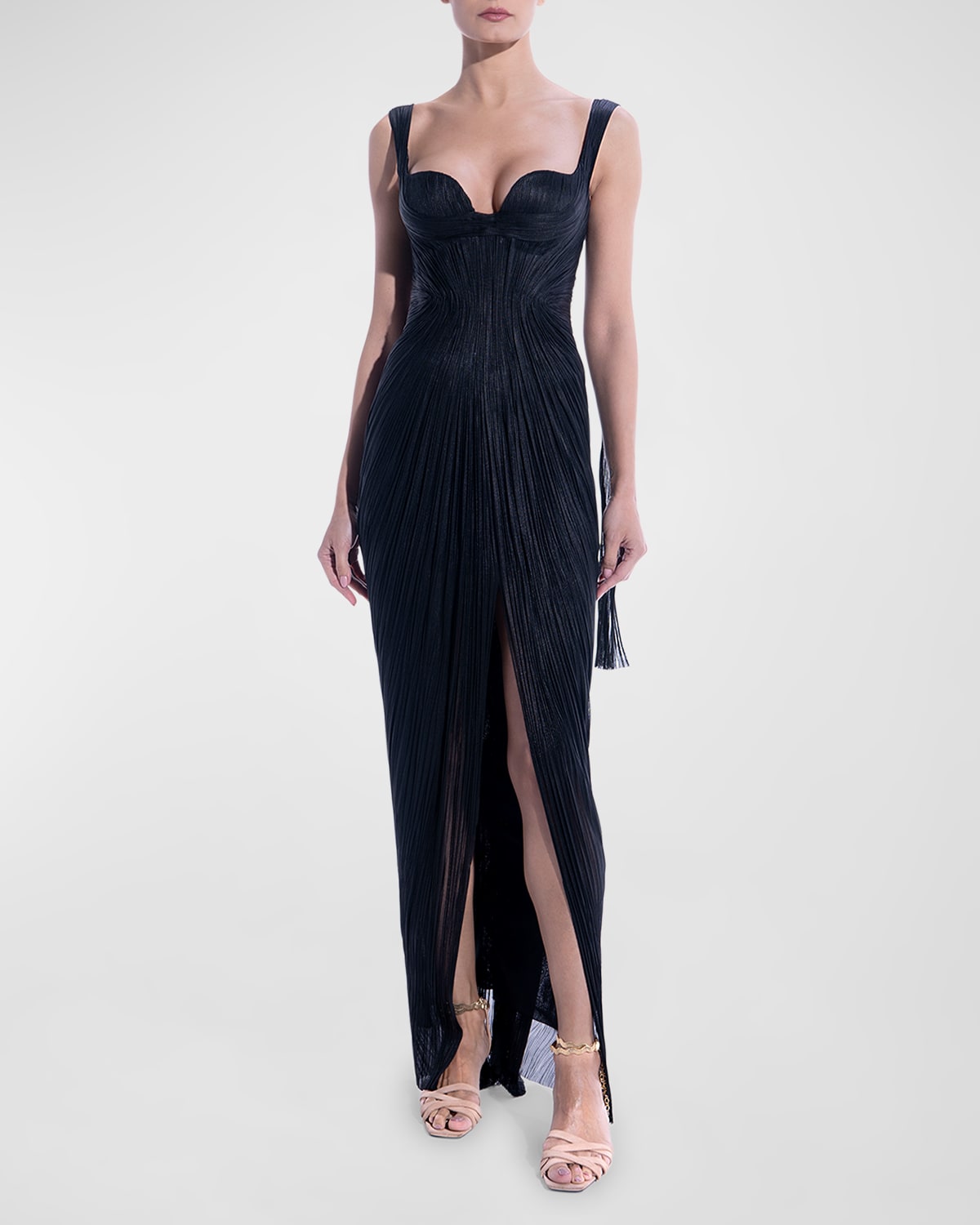 Anais Backless Draped Plisse Bustier Gown
