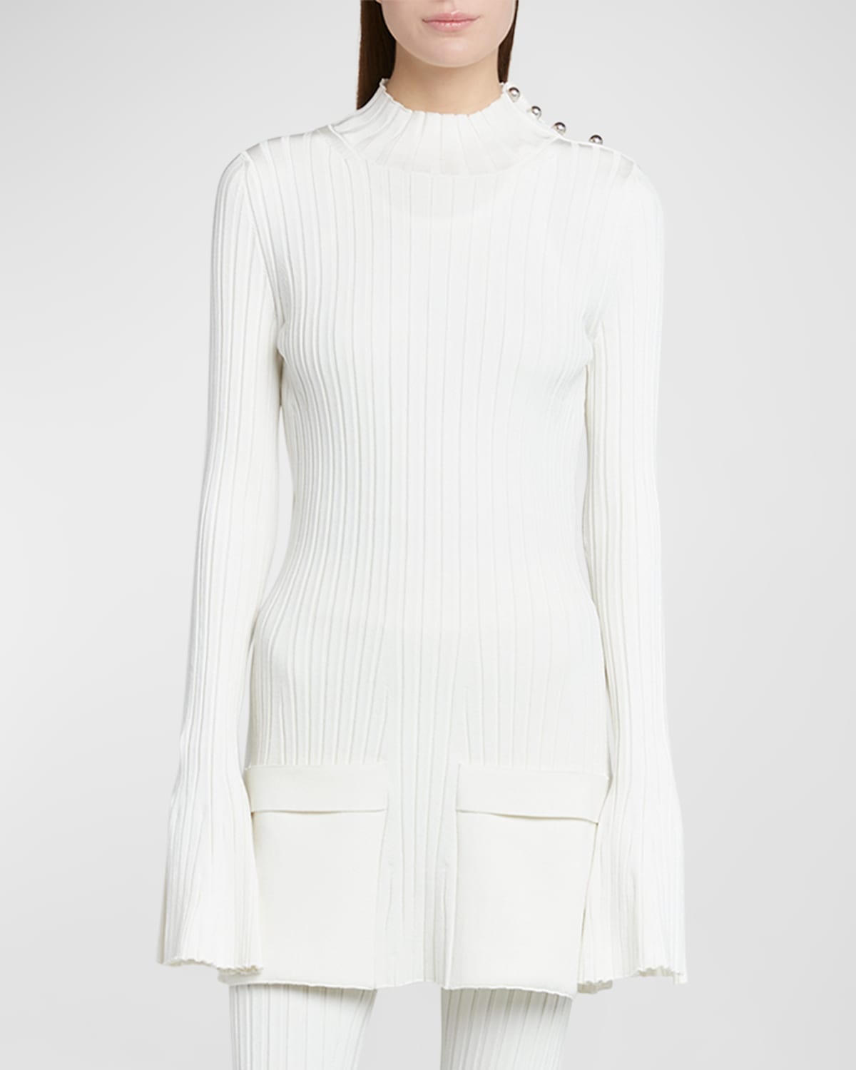 Shop Stella Mccartney Button-shoulder Long-sleeve Rib Mini Sweater Dress In Natural