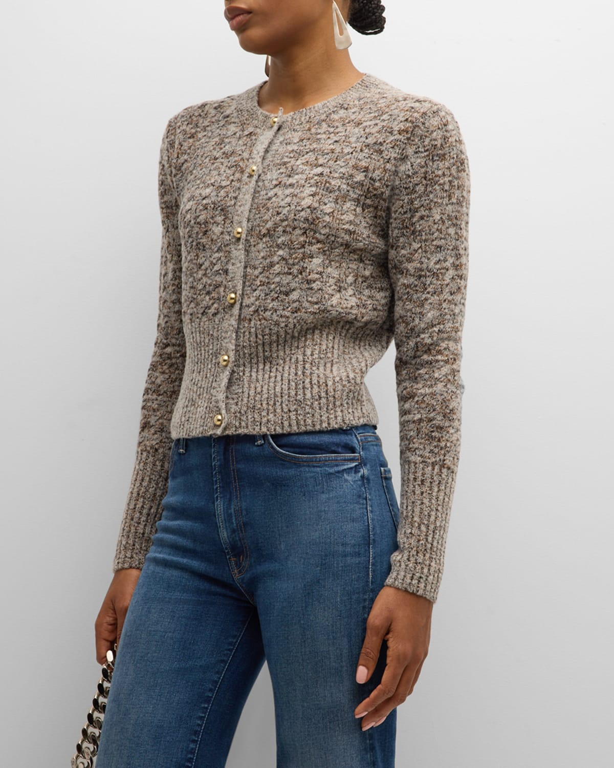 Stella Mccartney Marble-button Crewneck Cable-knit Cardigan In Multicolor