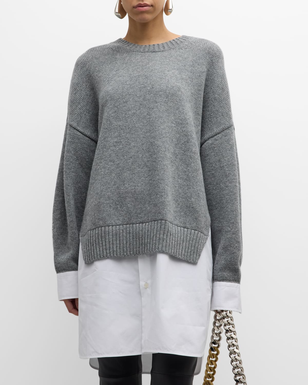 Shop Stella Mccartney Poplin Shirt Illusion Merino Knit Sweater In Grey Melang