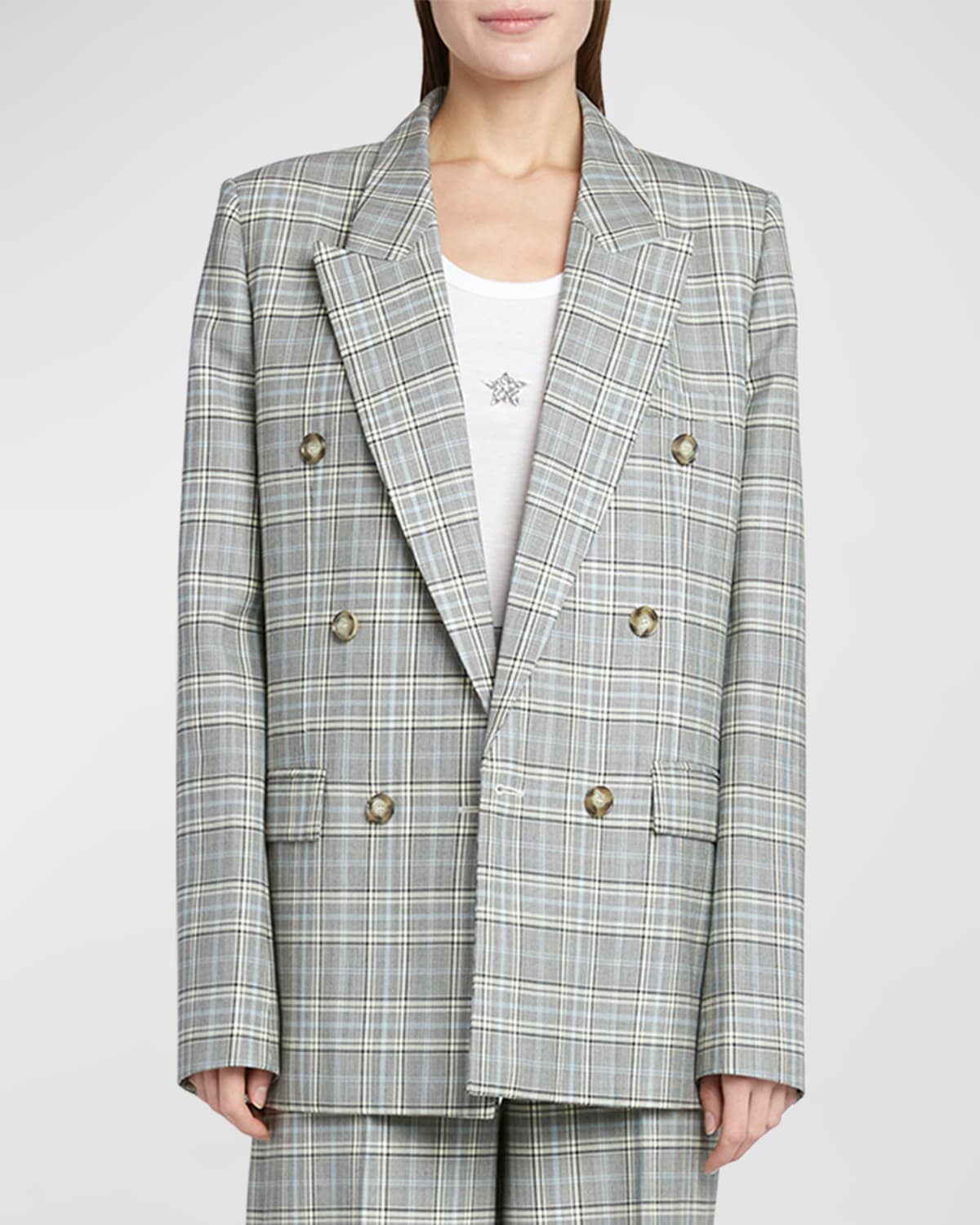 Shop Stella Mccartney Check Double-breasted Oversized Jacket In Blue Ivory