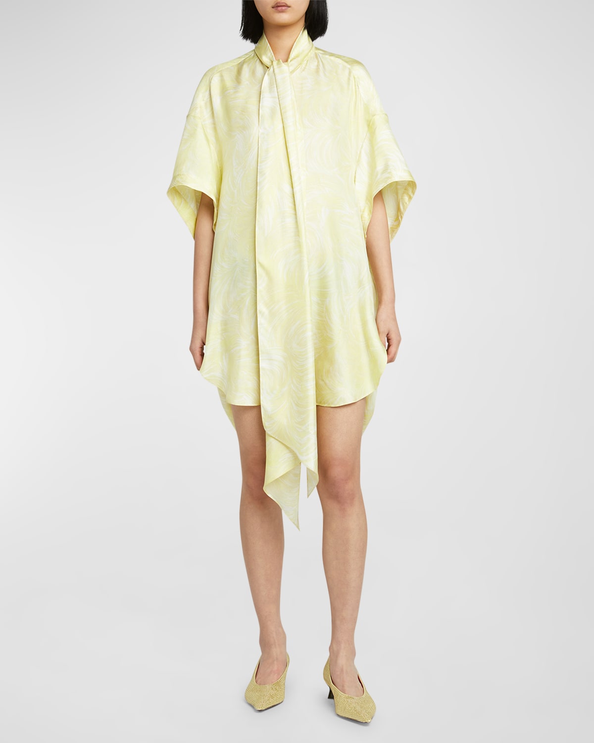 Stella Mccartney Feather Print Scarf-neck Short Silk Tunic Dress In Yellow