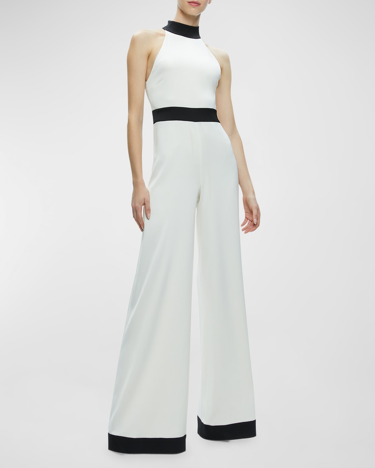 Shop Alice And Olivia Cataline High-neck Wide-leg Jumpsuit In Off White/black