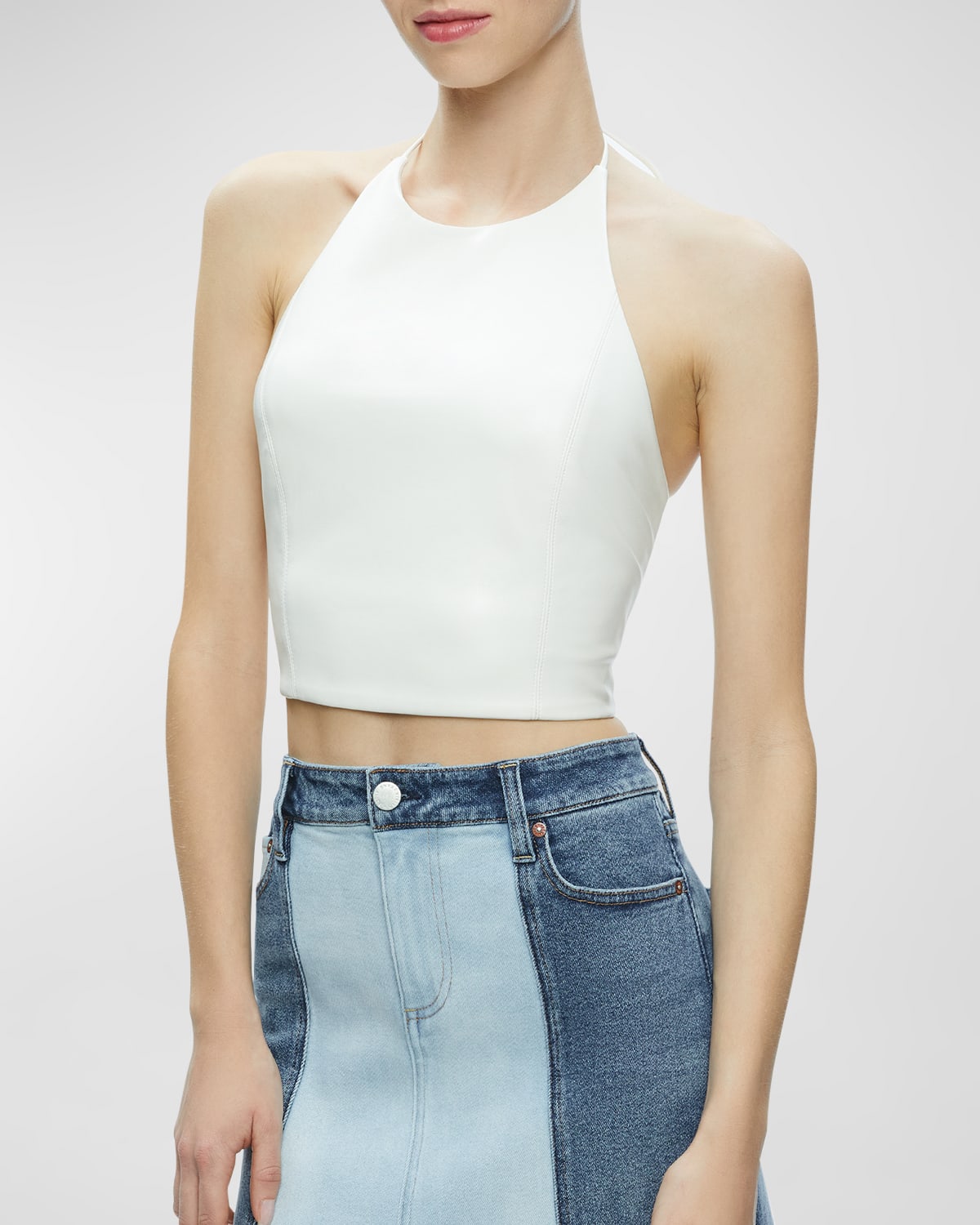 Alice And Olivia Jaymee Vegan Leather Cropped Halter Top In Off White