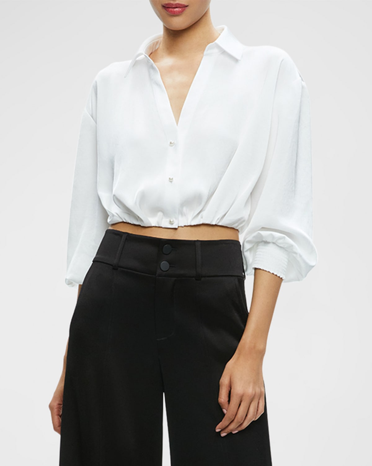 Shop Alice And Olivia Pierre Cropped Button-front Satin Shirt In Off White