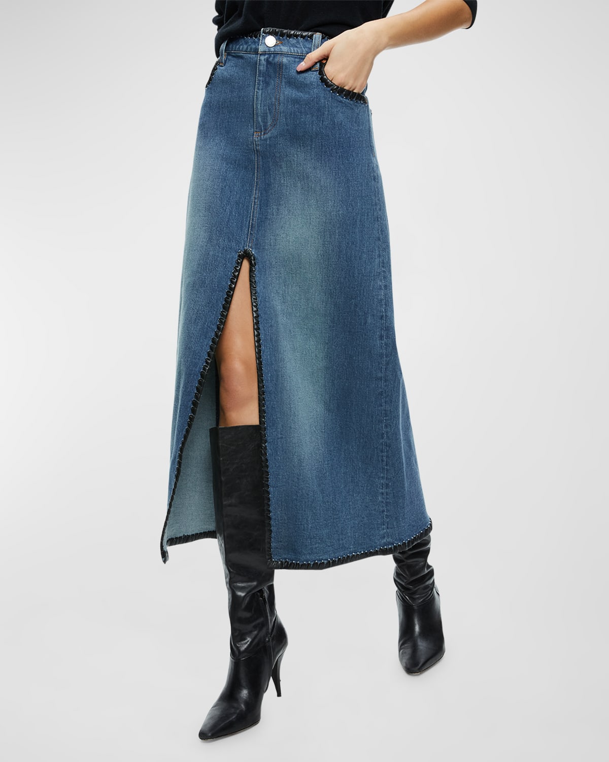 Alice And Olivia Rye Denim Maxi Skirt With Vegan Leather Trim In Lola Blue/black