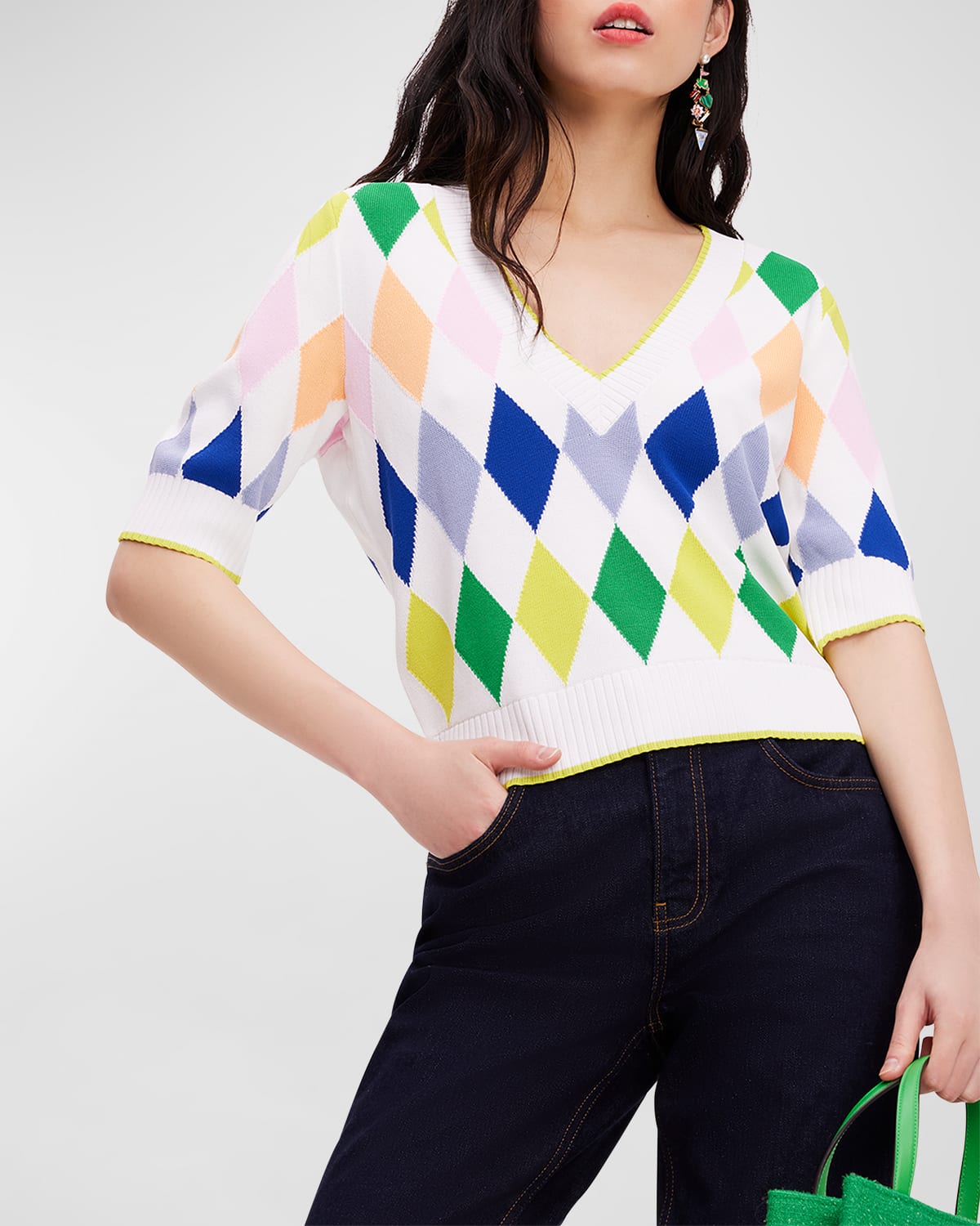 Shop Kate Spade Spring Elbow-sleeve Argyle Sweater In Multi