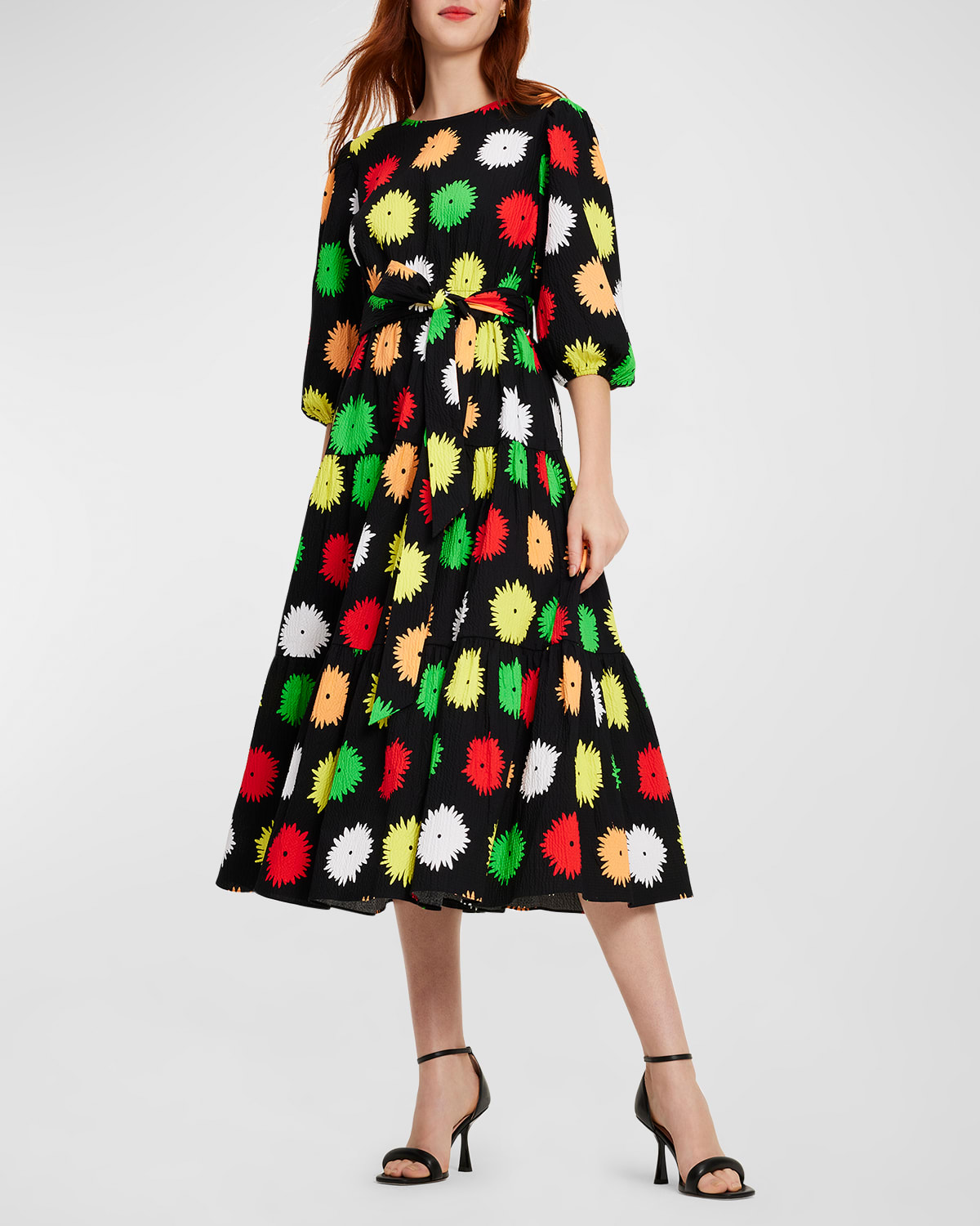 Shop Kate Spade Pom Pom Tiered Floral-print Midi Dress In Black Multi