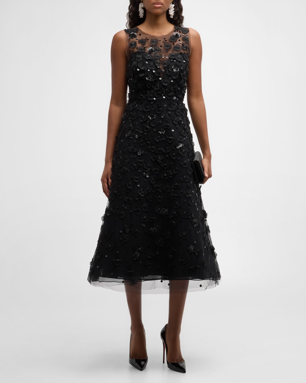 Floral Applique Sequined Beaded Midi Dress