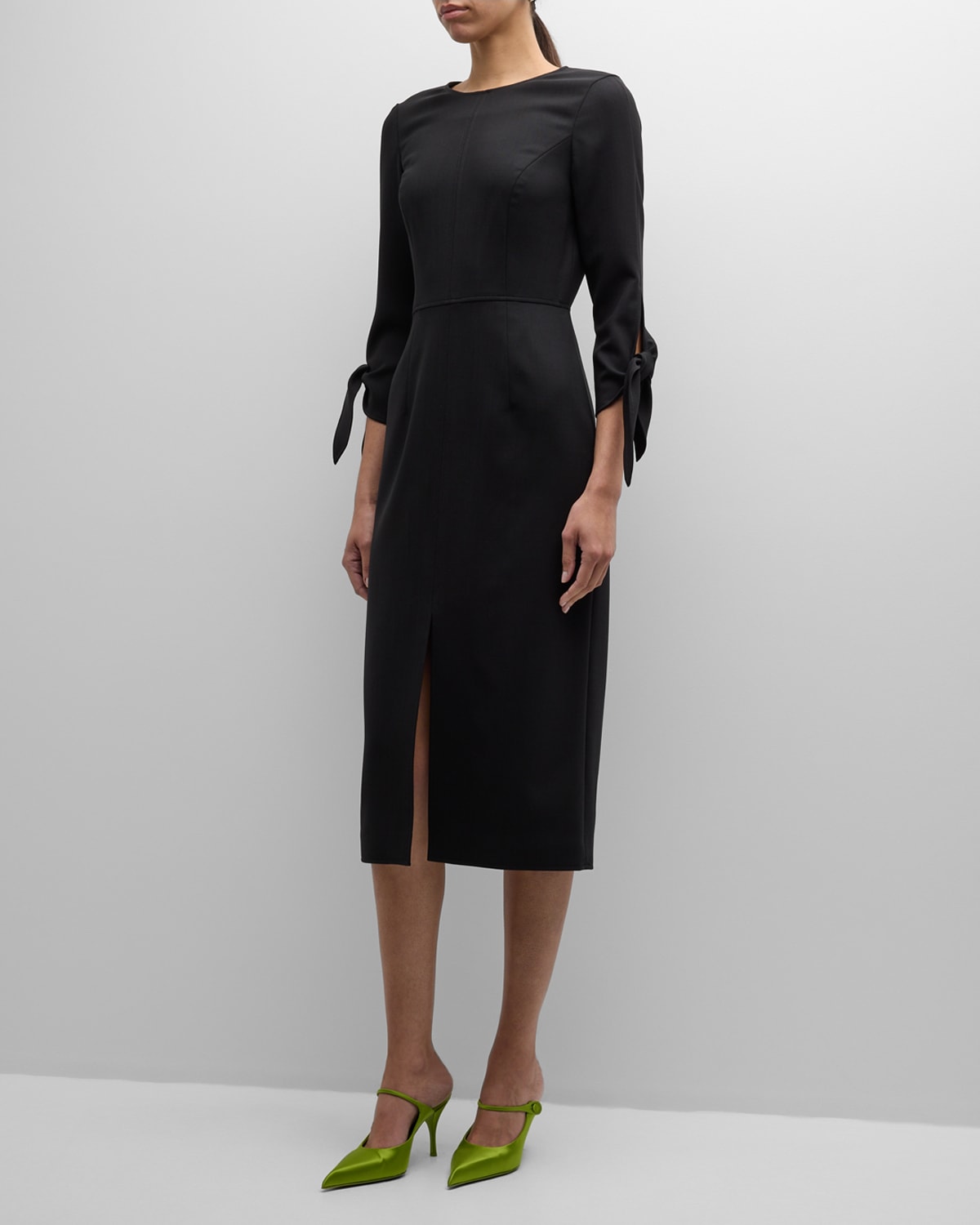 Shop Carolina Herrera Wrist-tie Wool Midi Dress In Black