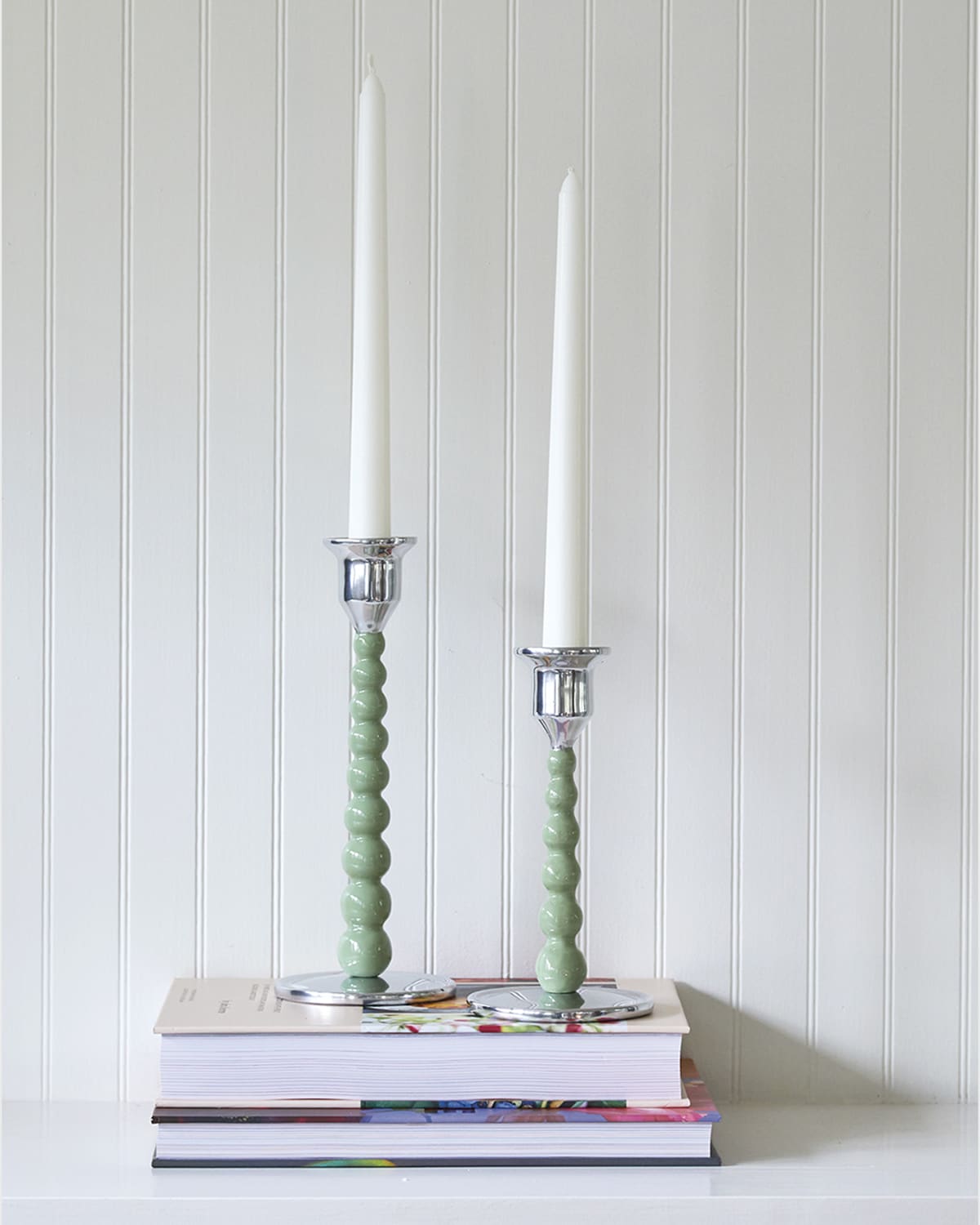 Shop Mariposa Pearled Enameled Small Candlesticks, Set Of 2 In Green