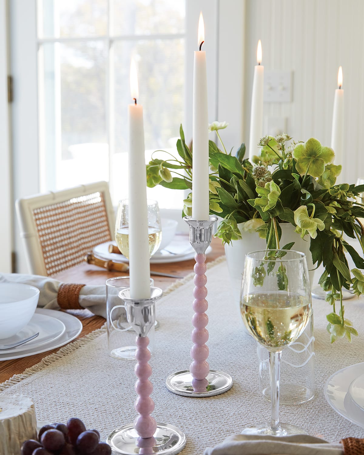 Shop Mariposa Pearled Enameled Medium Candlesticks, Set Of 2 In Pink