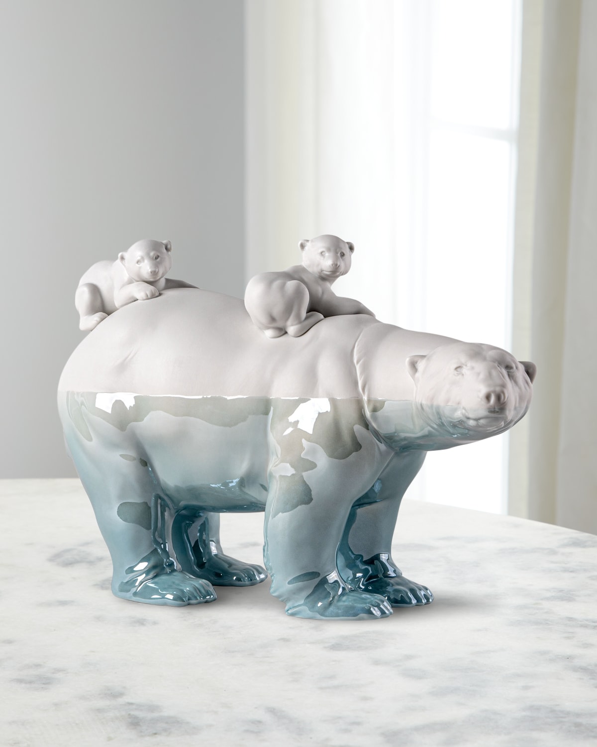 Lladrò Mummy Bear And Babies Underwater Sculpture In Whiteblue