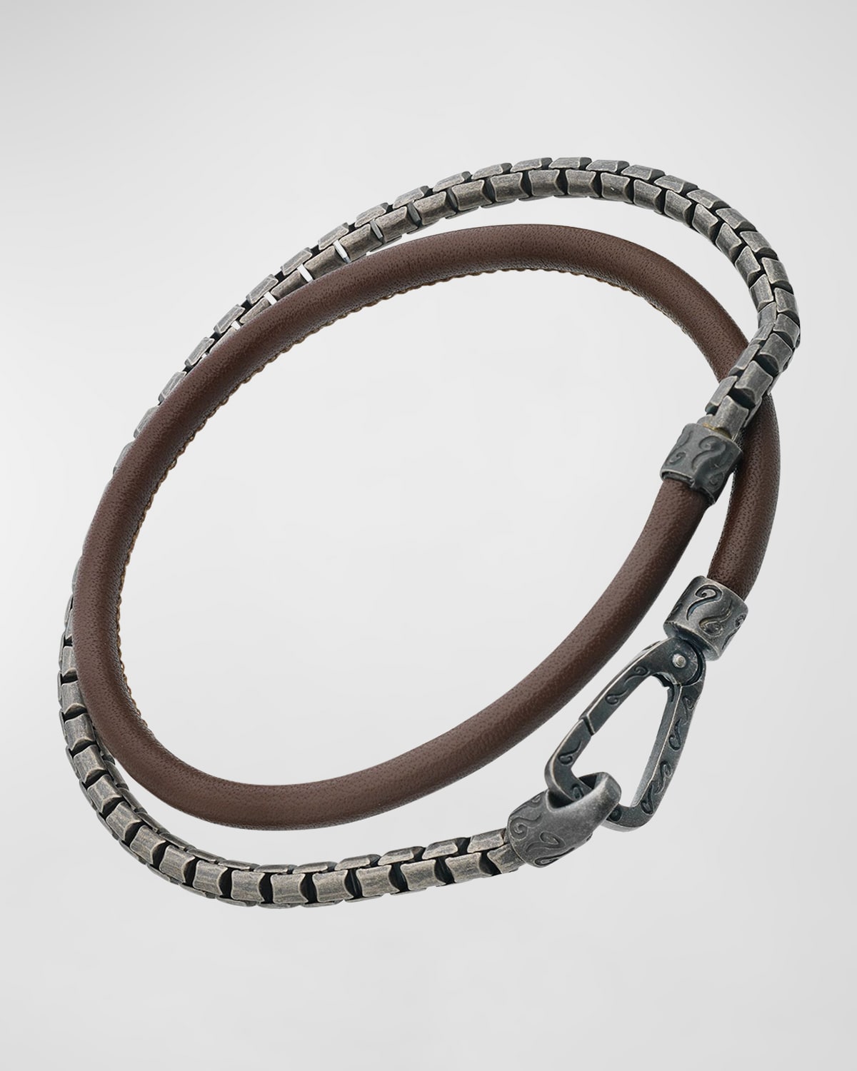 Men's Double Mix Brown Smooth Leather and Oxidized Silver Chain Bracelet