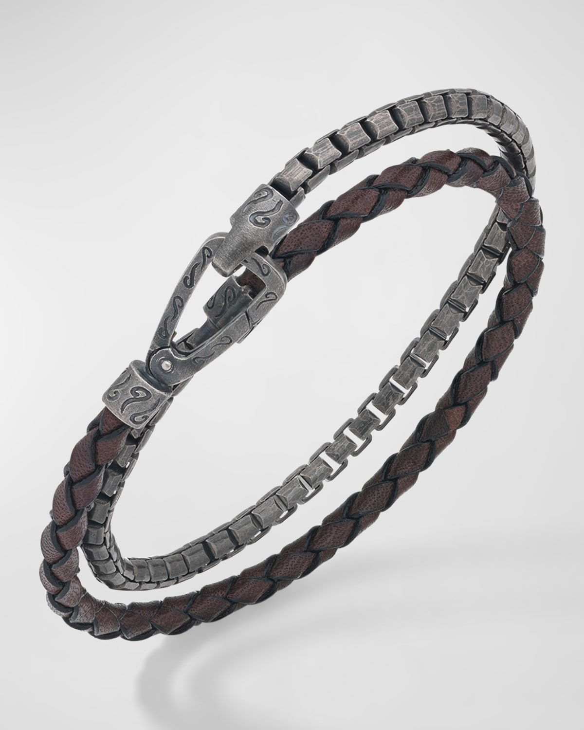 Shop Marco Dal Maso Men's Lash Double Wrap Leather Box Chain Combo Bracelet With Push Clasp In Brown/silver