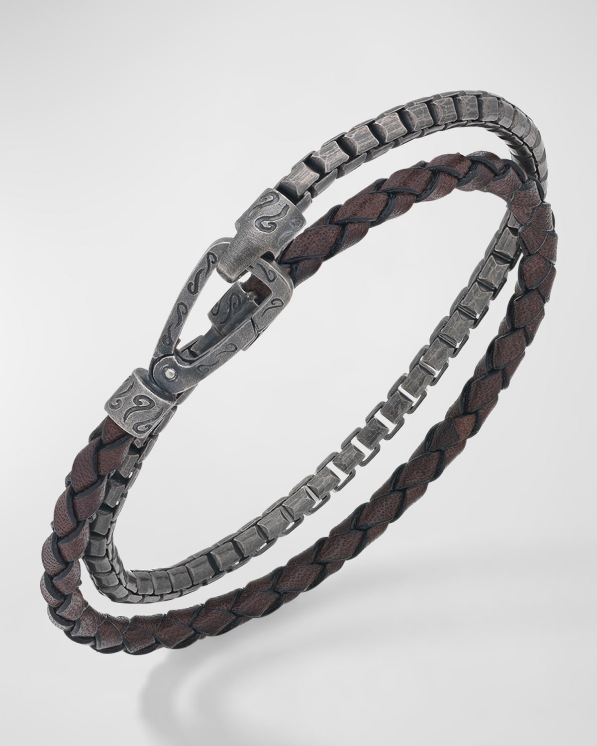 Men's Lash Double Wrap Leather Box Chain Combo Bracelet with Push Clasp
