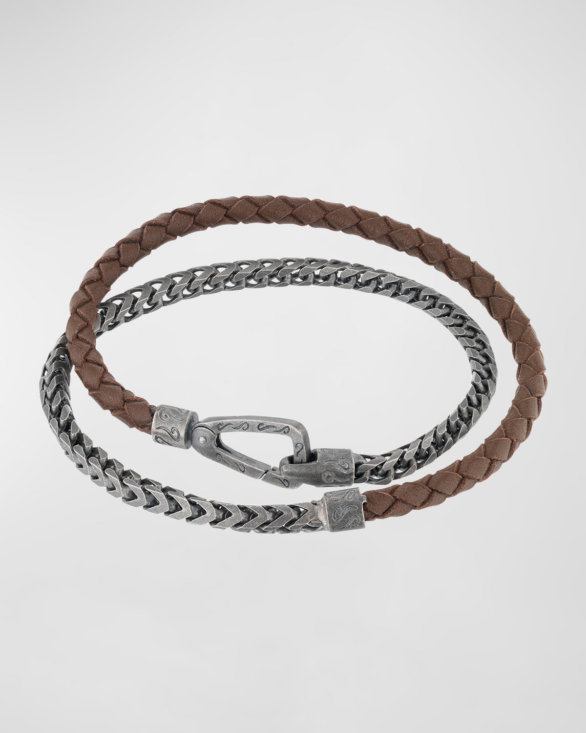 Men's Lash Double Wrap Leather Franco Chain Combo Bracelet with Push Clasp