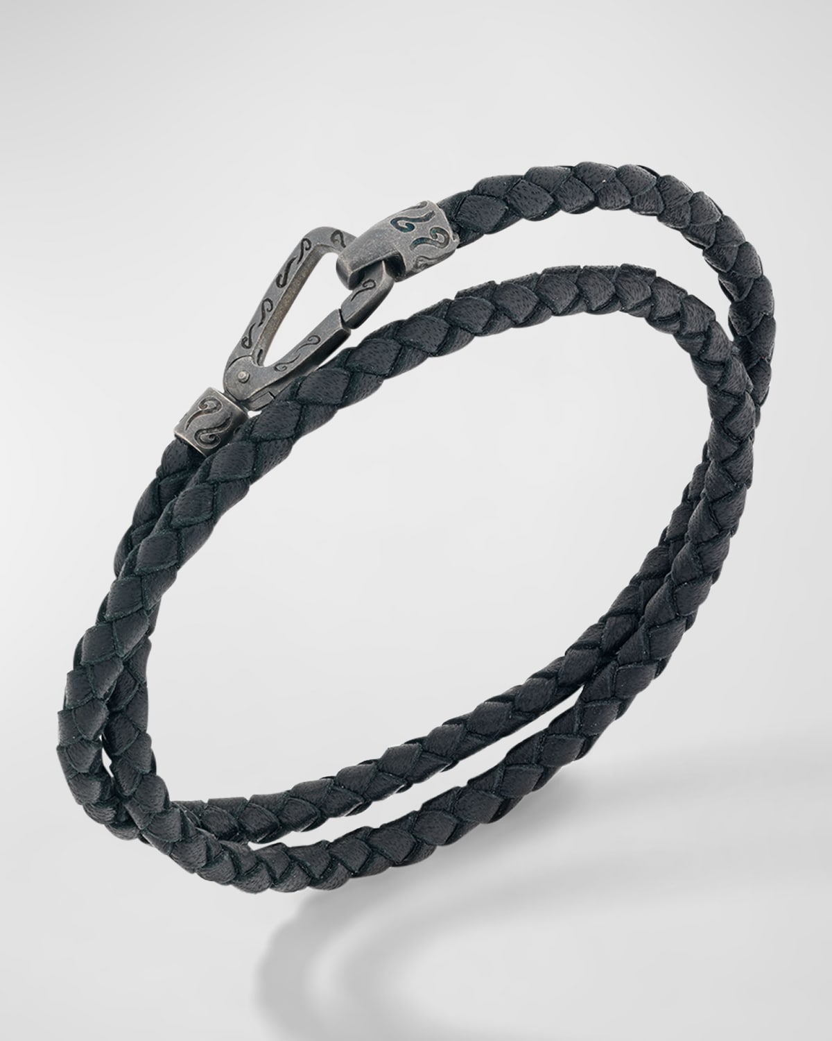 Men's Double Wrap Oxidized Silver and Woven Leather Bracelet