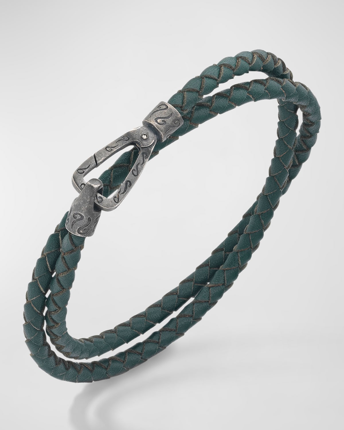 Men's Double Wrap Oxidized Silver and Woven Leather Bracelet