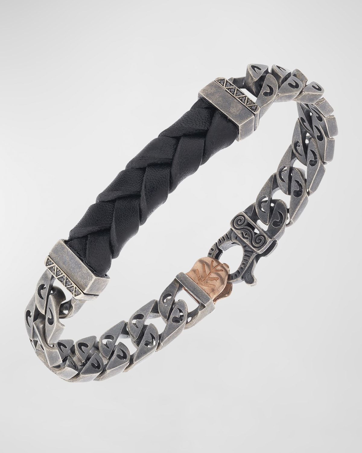 Men's Flaming Tongue ID Leather Curb Link Bracelet, Black Diamonds