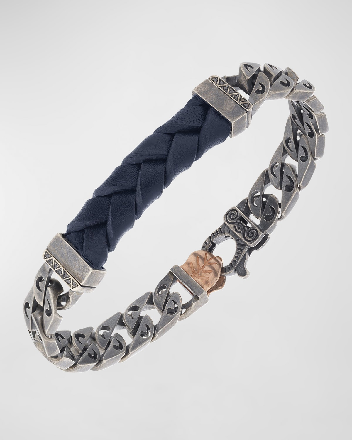 Men's Flaming Tongue ID Leather Curb Link Bracelet, Black Diamonds