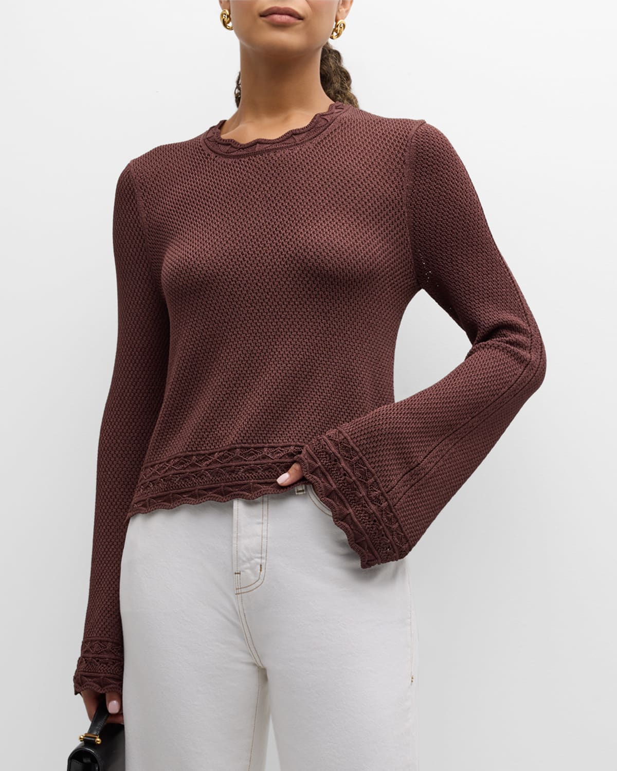 Frame Crewneck Pointelle Sweater In Brown