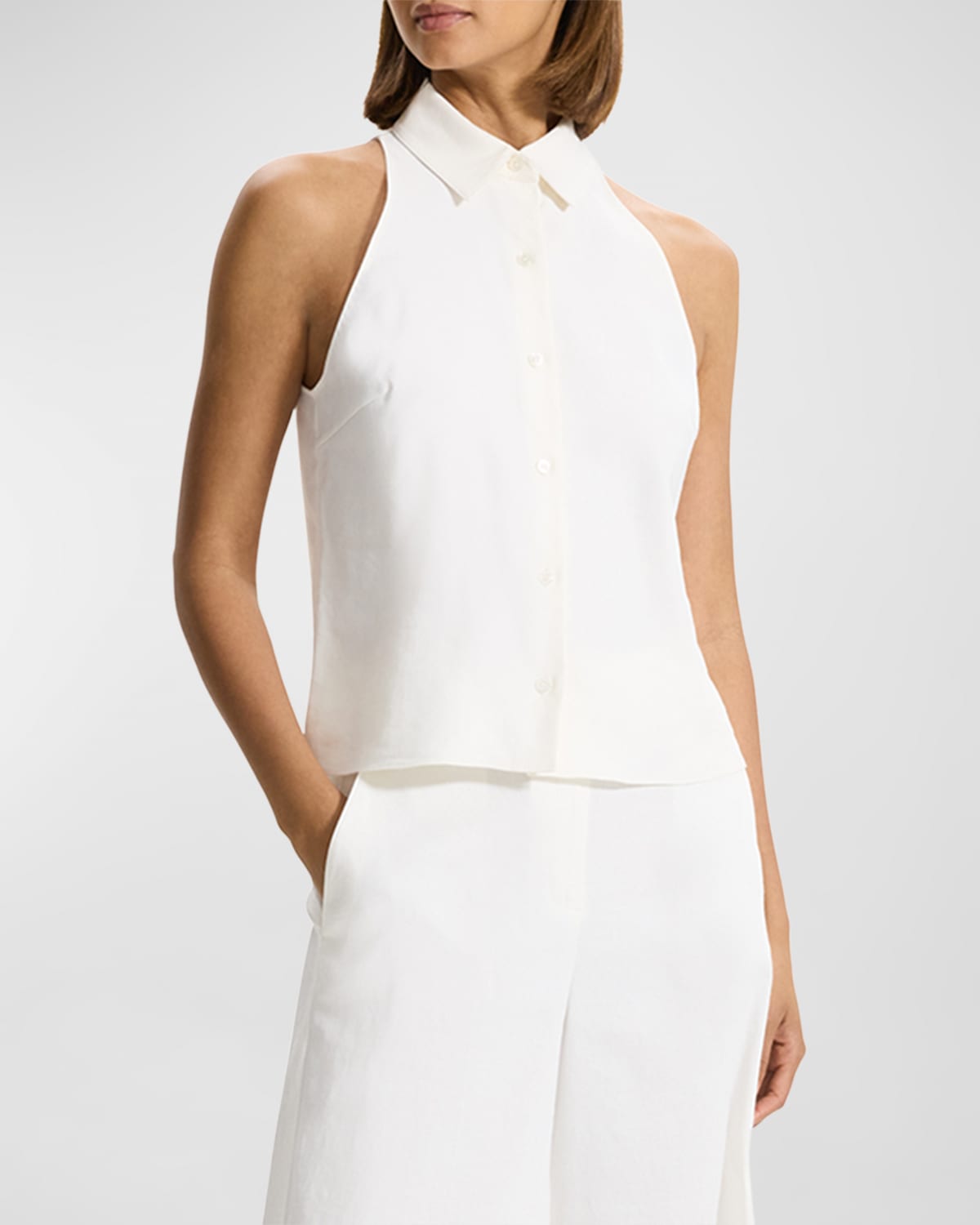 Shop Theory Sleeveless Linen-blend Button-front Halter Shirt In Iv