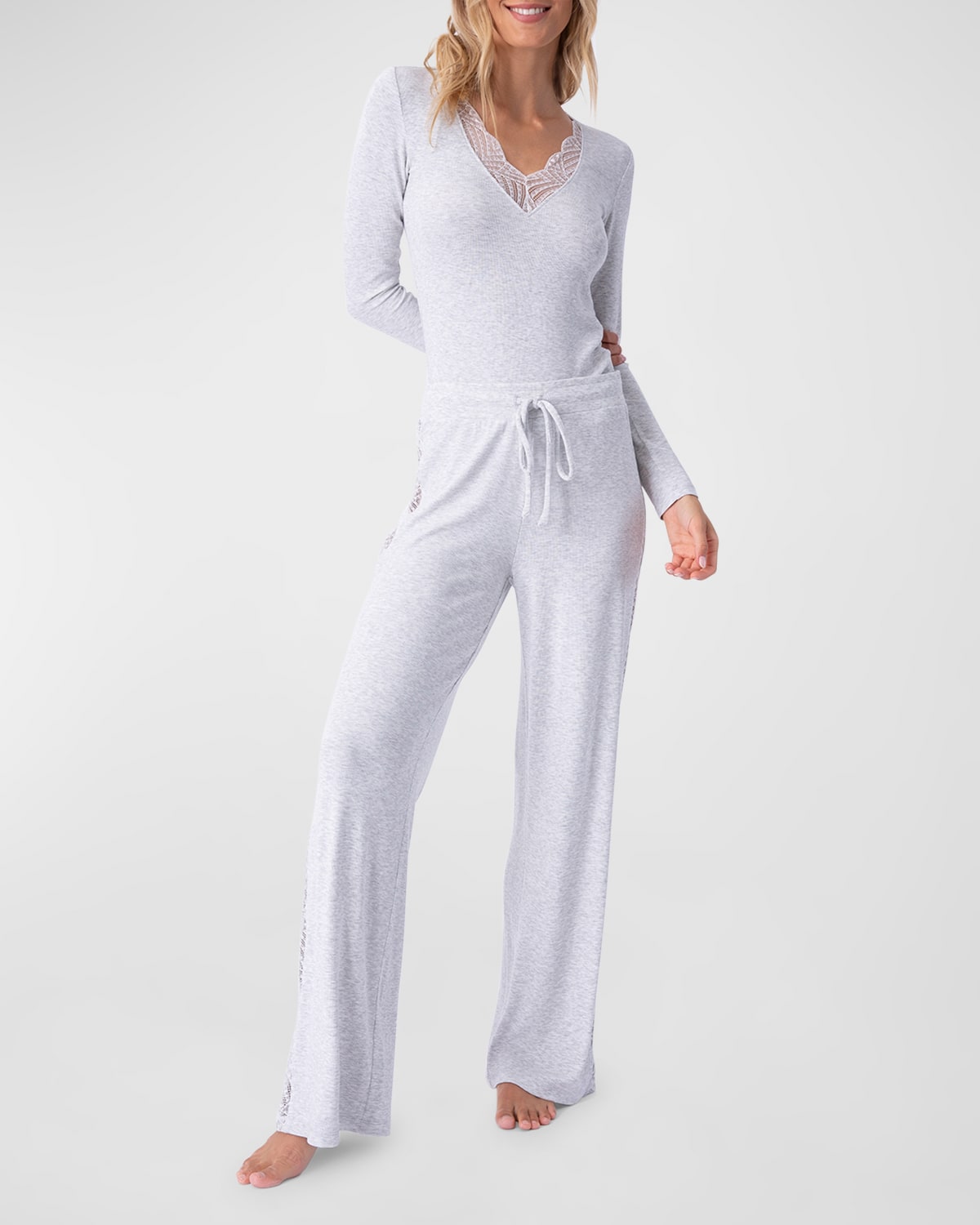 Lacey Ribbed Lace-Trim Pajama Set