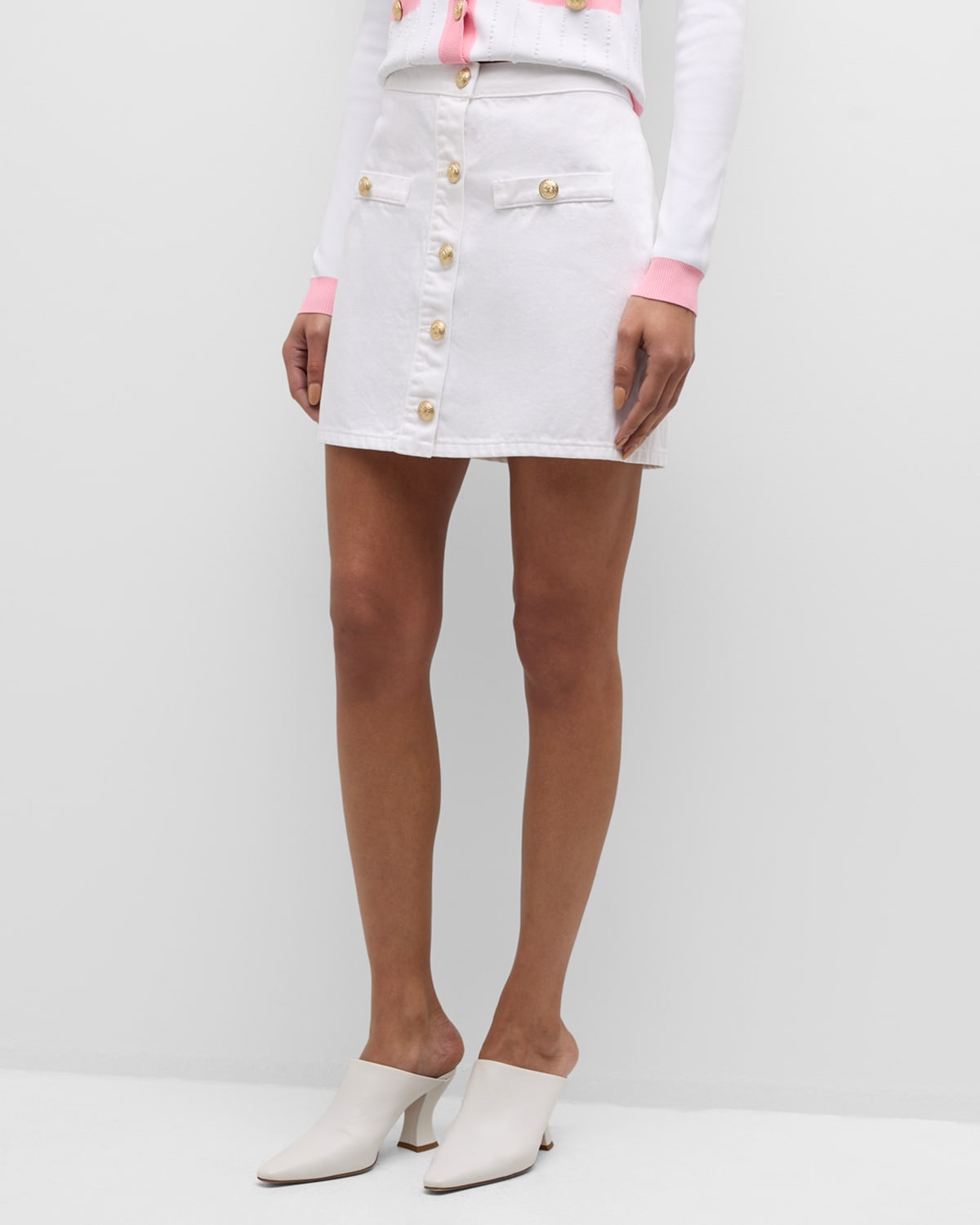 Shop L Agence Kris Button-front Denim Mini Skirt In Blanc
