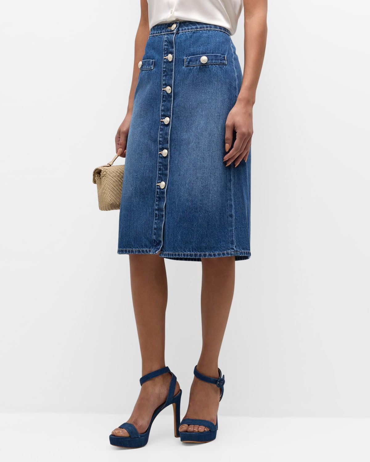 Shop L Agence Landry Button-front Denim Midi Skirt In Verdugo
