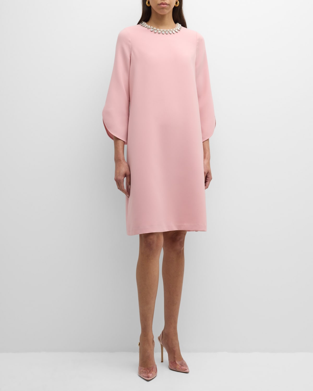 Rickie Freeman For Teri Jon Crystal-embellished Crepe Midi Shift Dress In Rose Pink