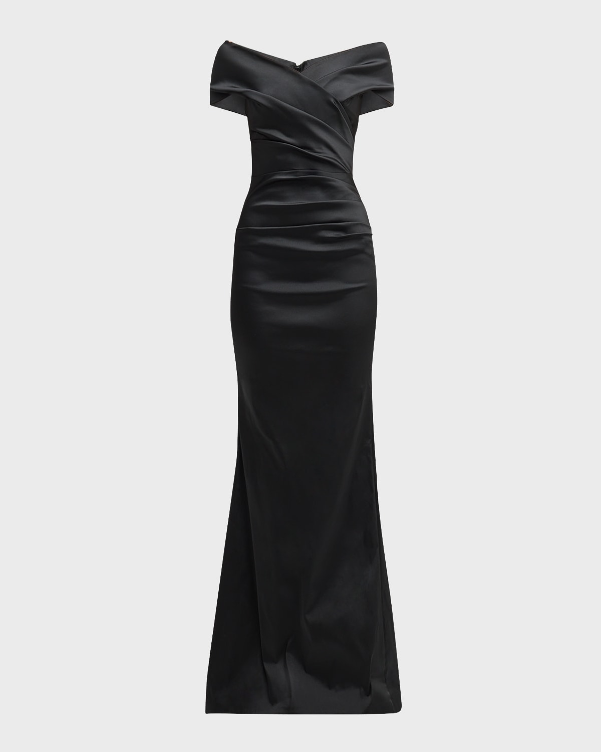 Rickie Freeman For Teri Jon Pleated Off-shoulder Satin Column Gown In Black