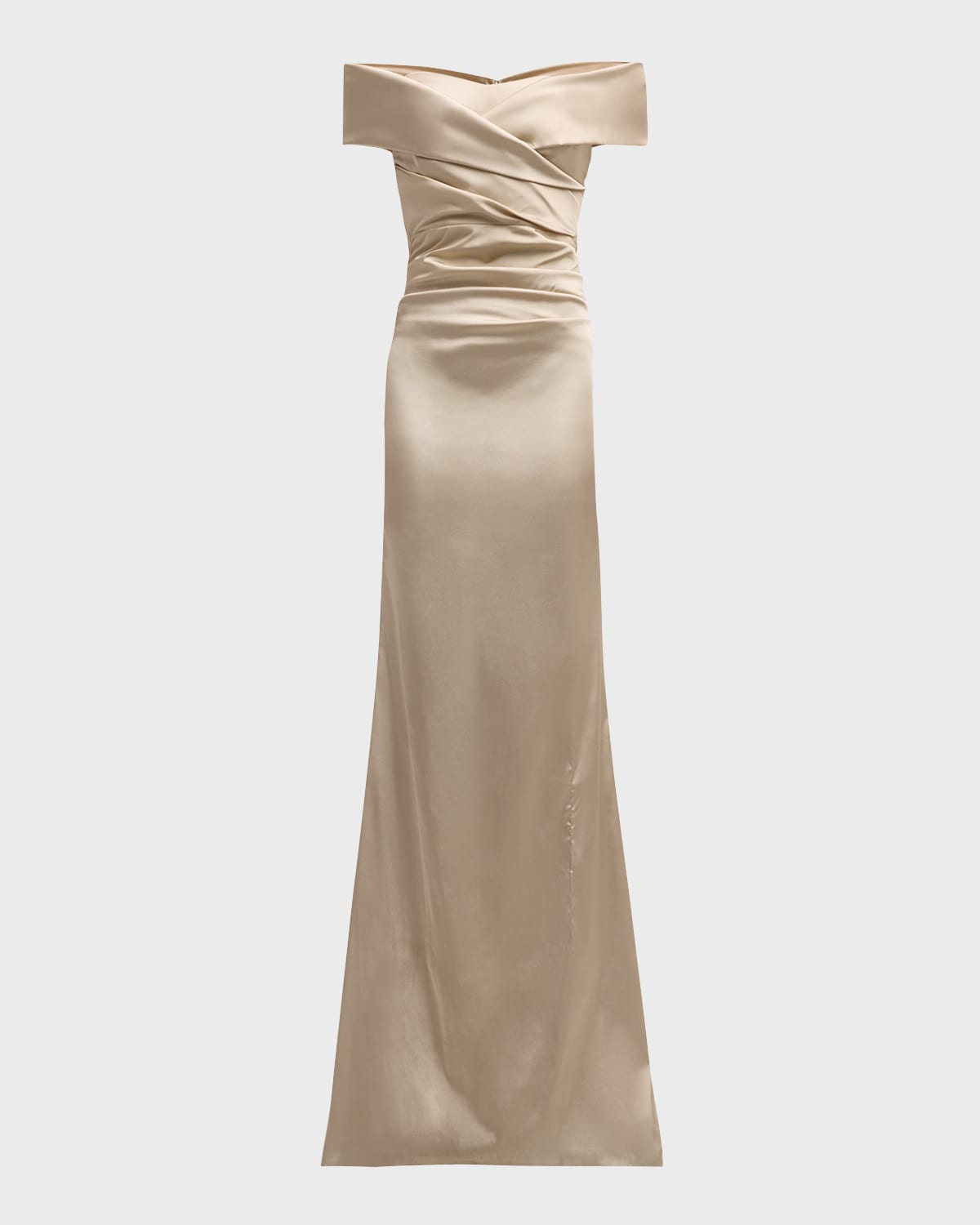 Rickie Freeman For Teri Jon Pleated Off-shoulder Satin Column Gown In Champagne
