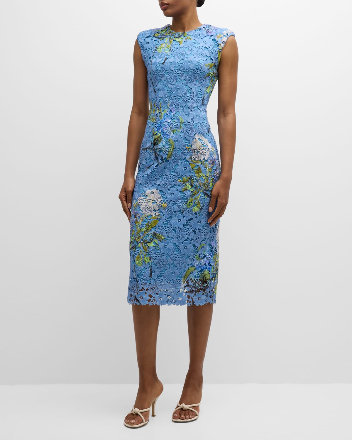 Hydrangea-Print Guipure Lace Sheath Dress