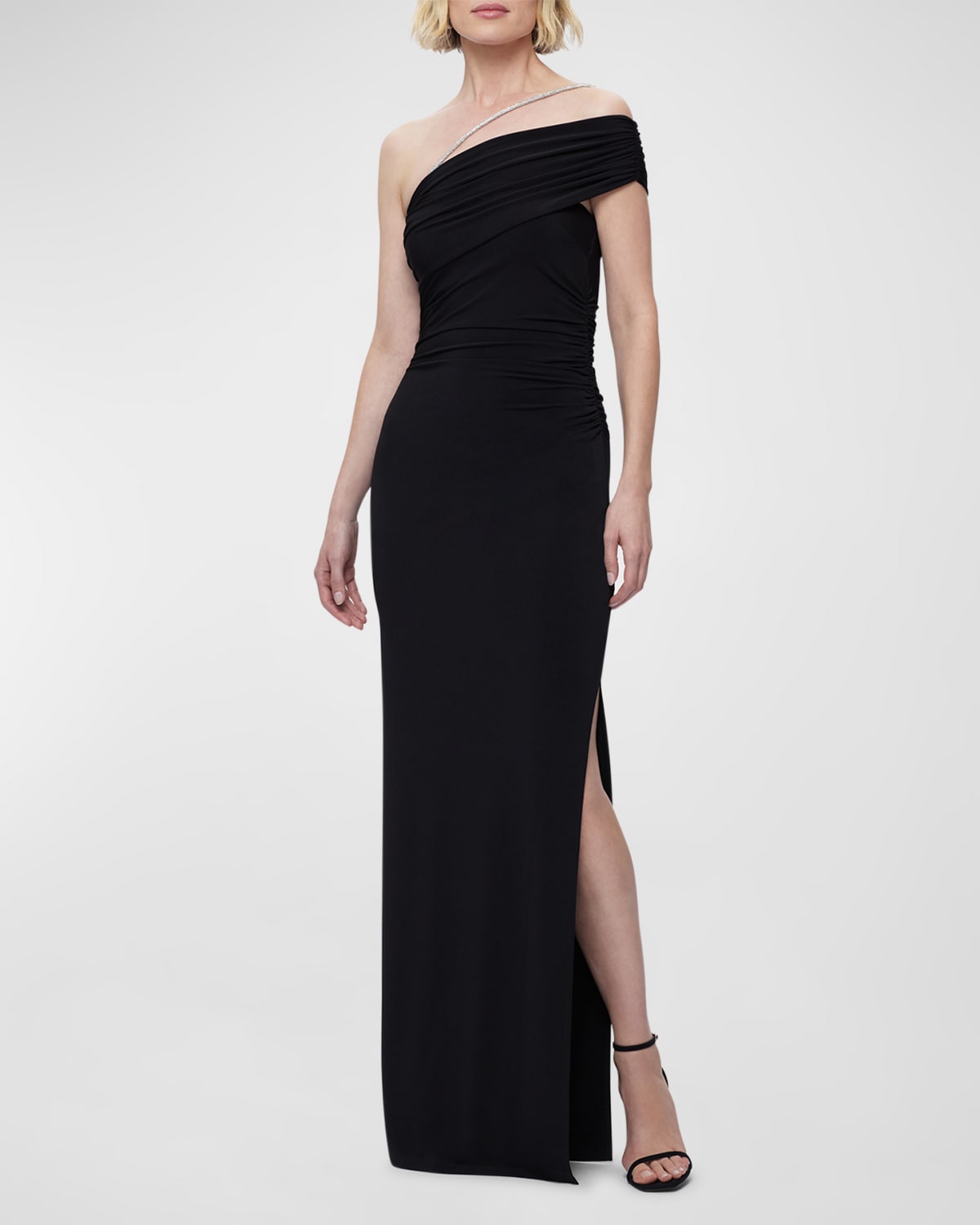 Crystal Strap Ruched One-Shoulder Gown