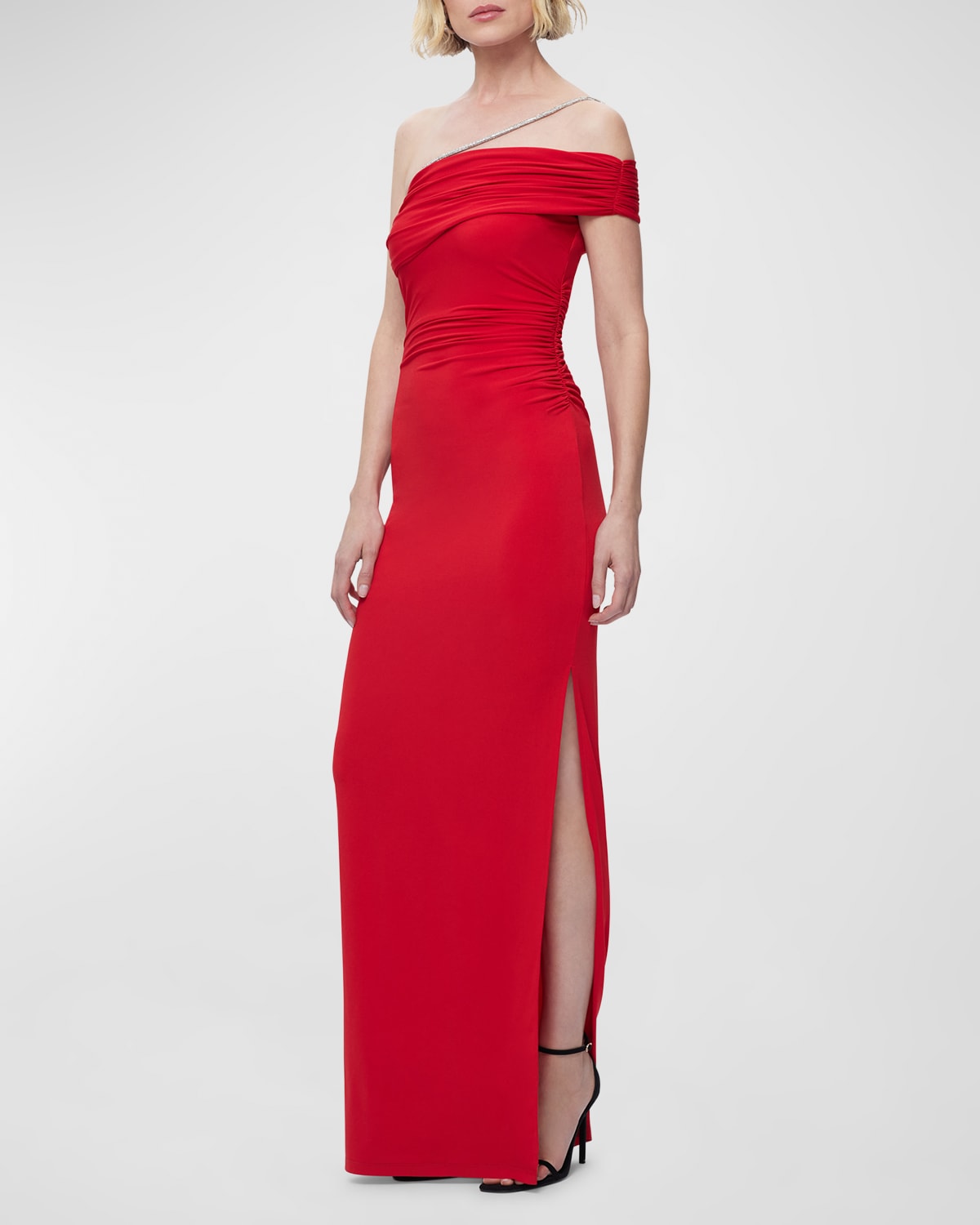 Crystal Strap Ruched One-Shoulder Gown