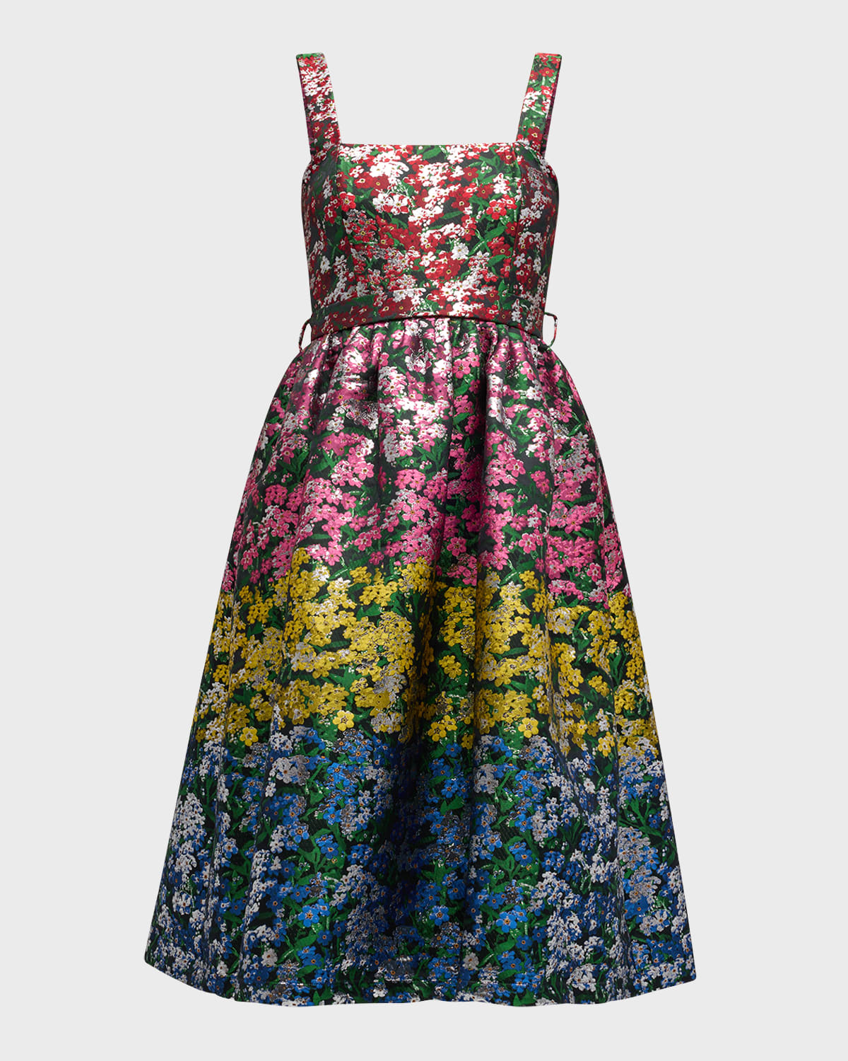 Iris Metallic Floral Jacquard Belted Midi Dress