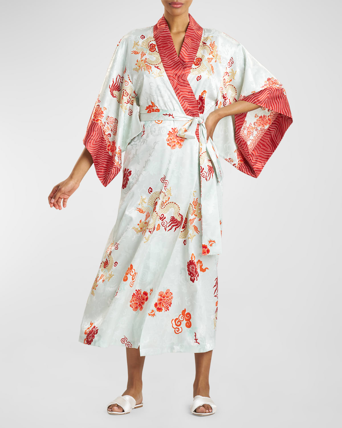 Shop Natori Kimono-sleeve Dragon Jacquard Satin Robe In Light Aqua
