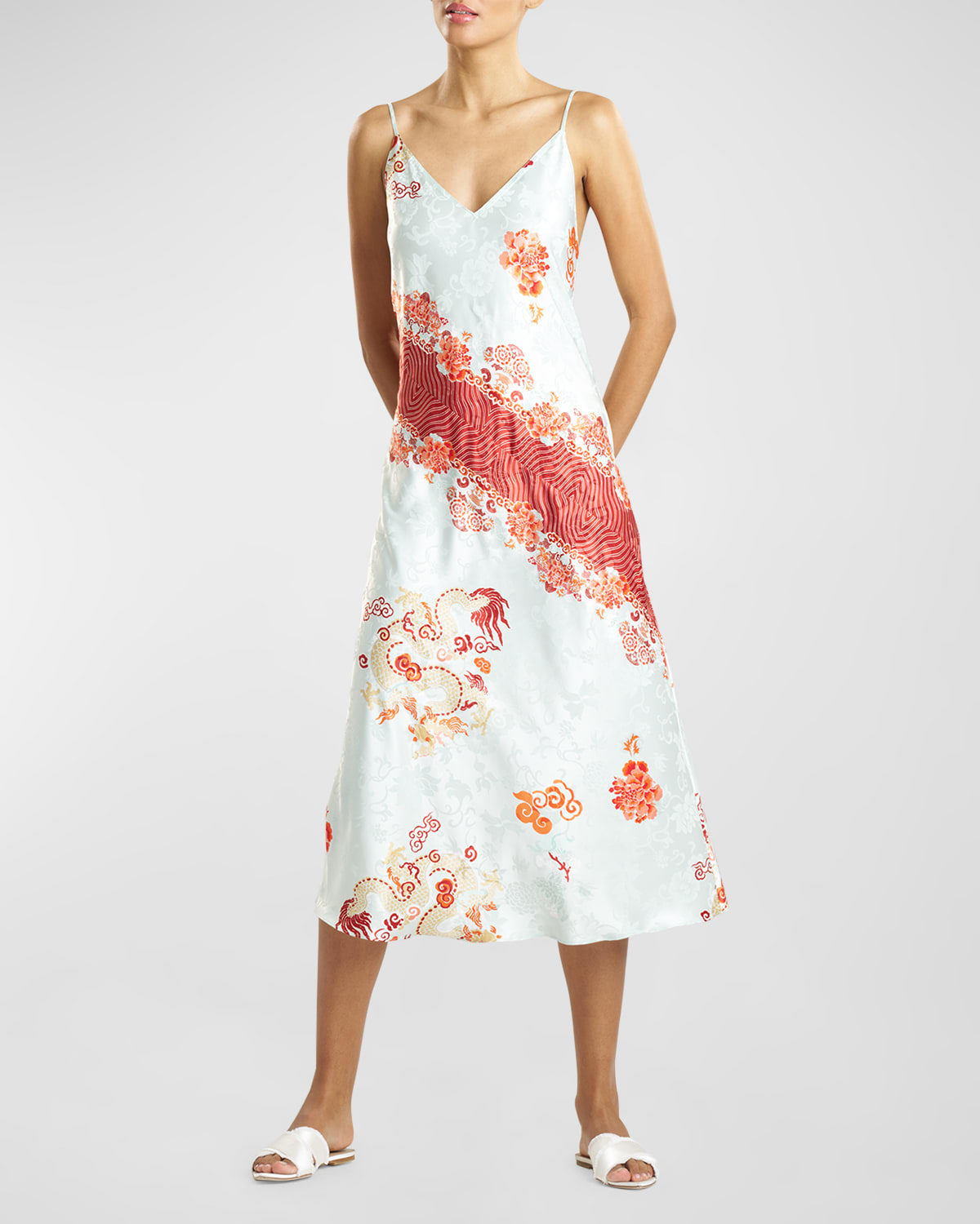 Shop Natori Sleeveless Dragon Jacquard Satin Nightgown In Light Aqua