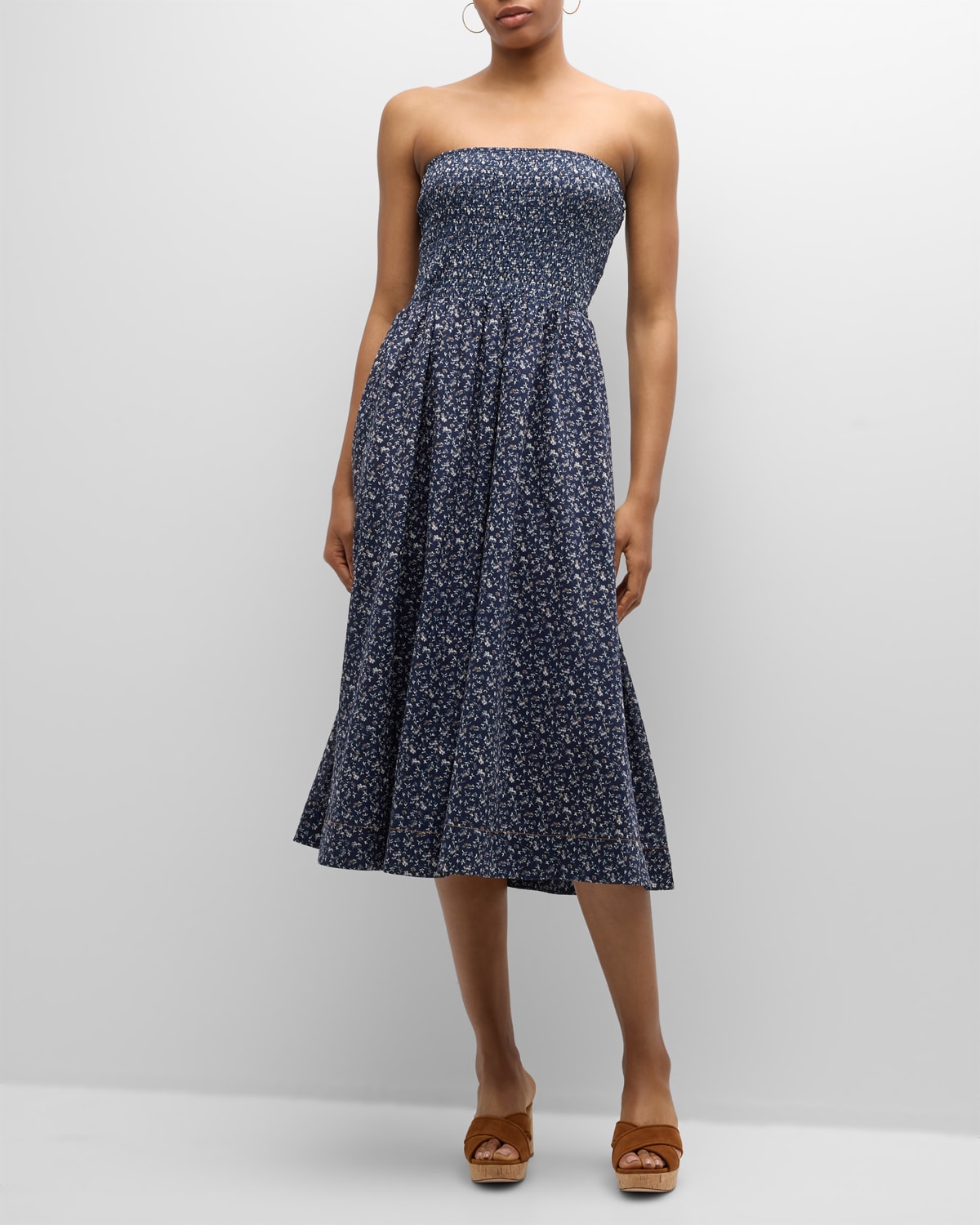 Veronica Beard Cornelia Strapless Floral Midi Dress In Navyleather Brown