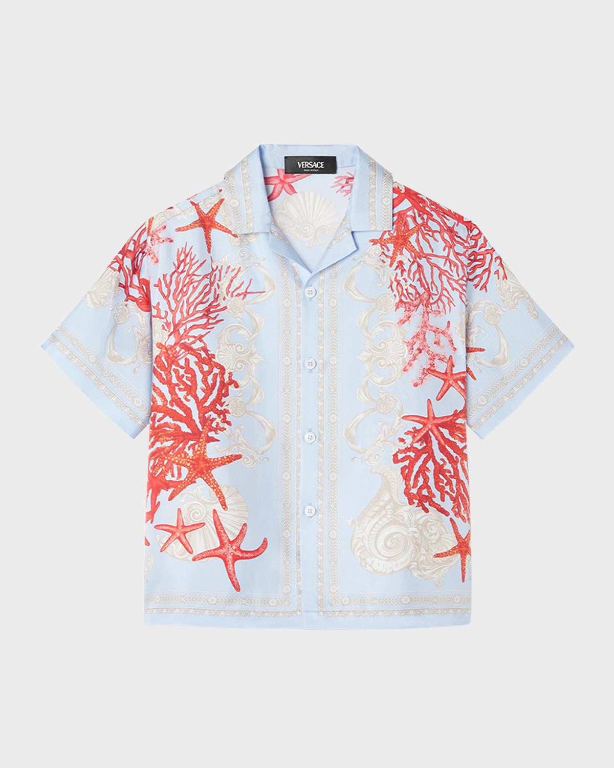 Shop Versace Boy's De La Mer-print Button Down Shirt In Blue Hydrangea Coral