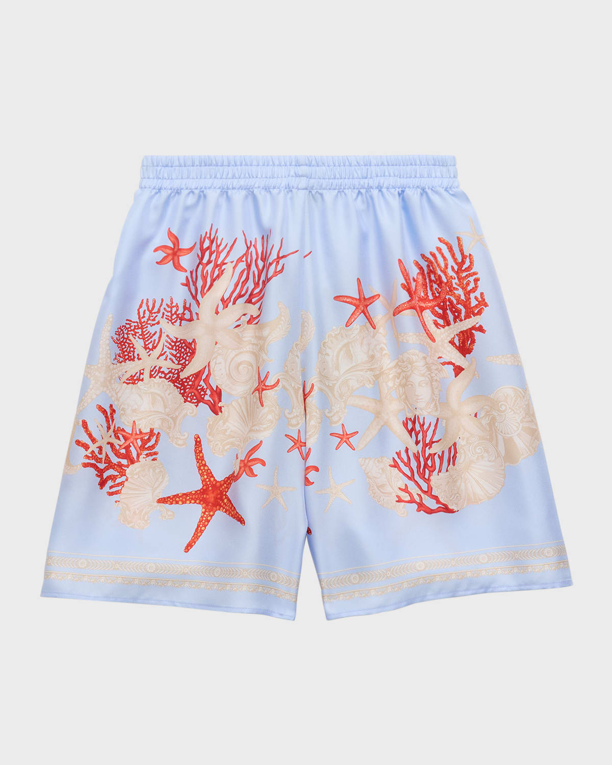 Shop Versace Boy's La Mer Barocco-trim Shorts In Blue Hydrangea Coral