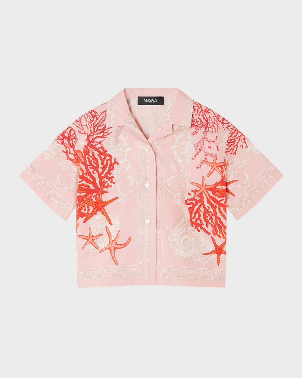 Shop Versace Boy's Starfish Barocco-trim Button Down Shirt In Dusty Rose