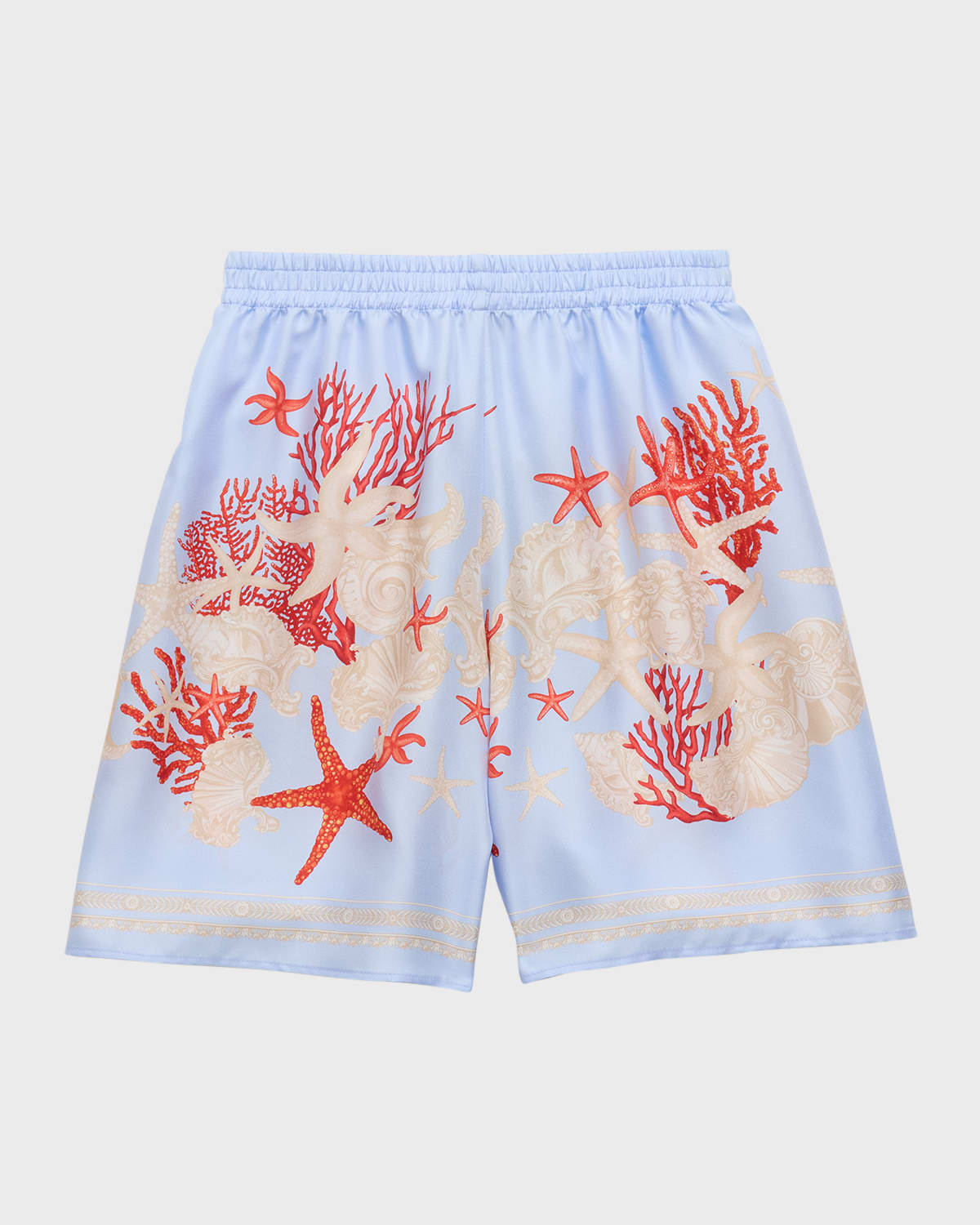 Shop Versace Boy's La Mer Barocco-trim Shorts In Blue Hydrangea Coral