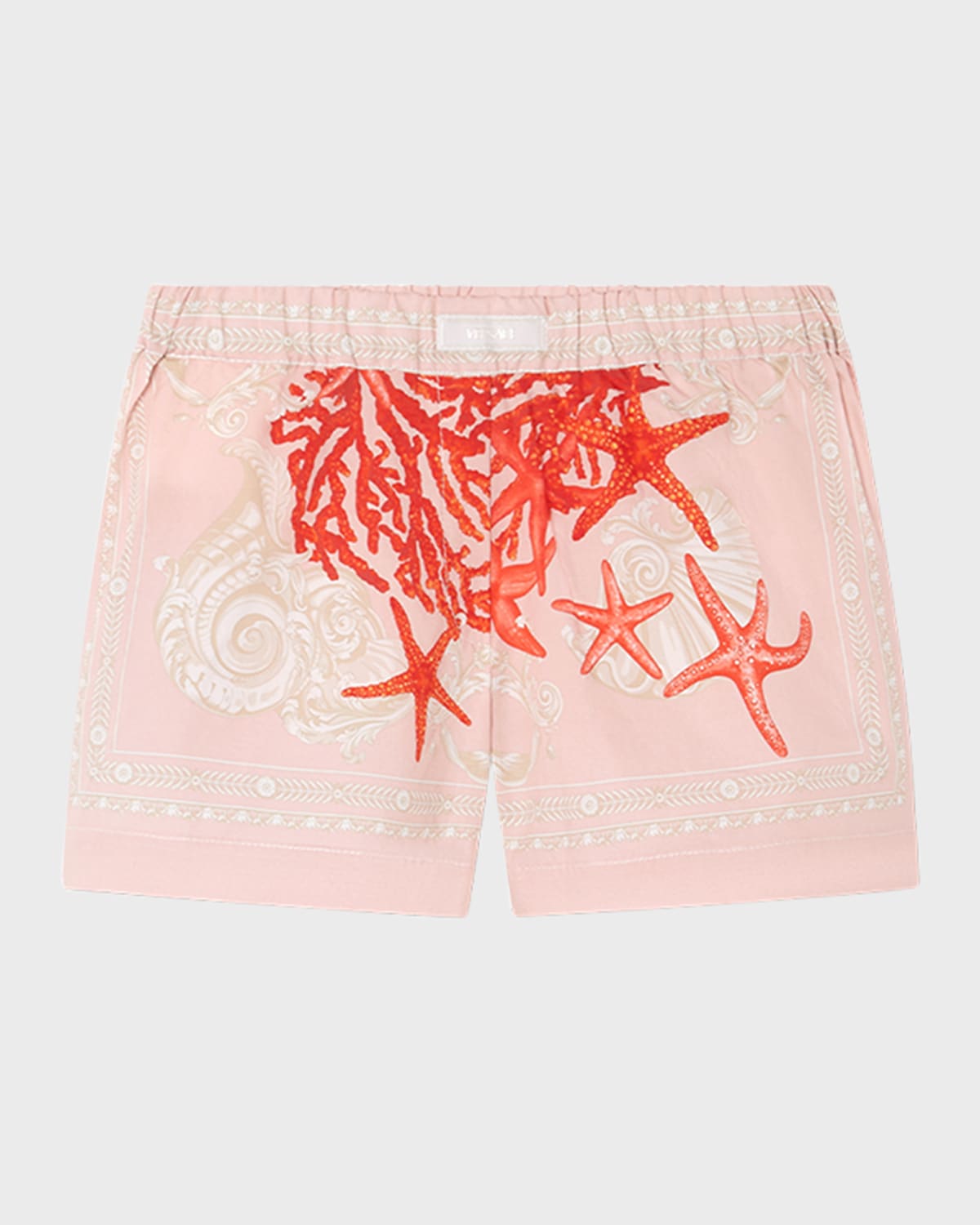 Shop Versace Boy's Starfish-print Barocco-trim Shorts In Dusty Rose