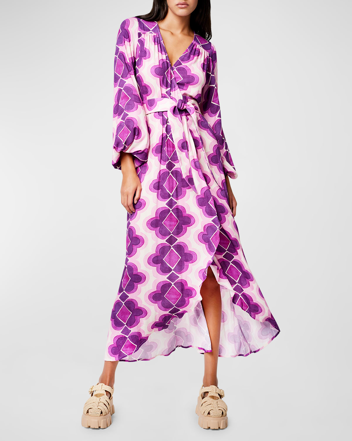 Hostess Lantern-Sleeve Midi Wrap Dress