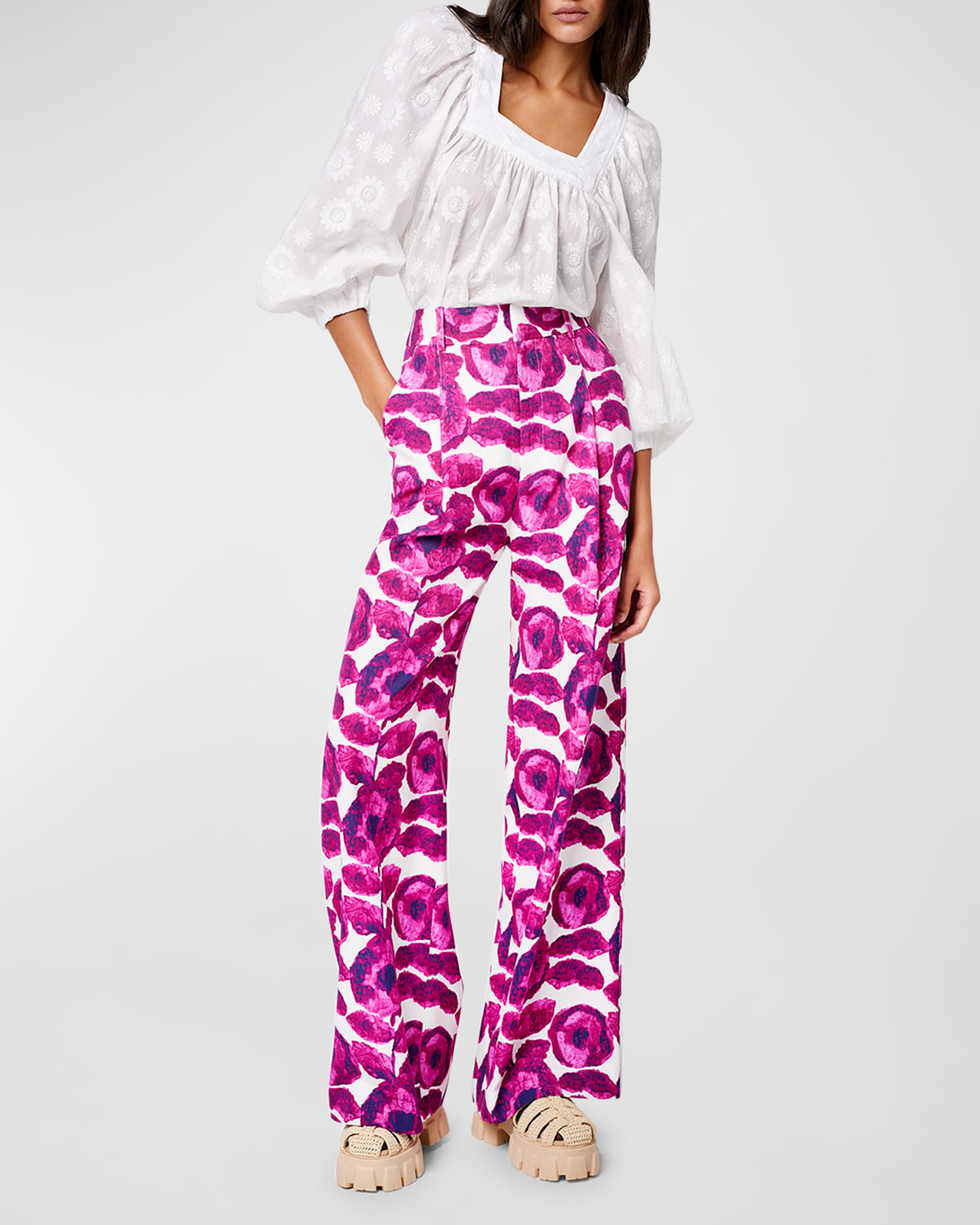 Shop Smythe Mid-rise Pleated Wide-leg Trousers In Begonia Floral